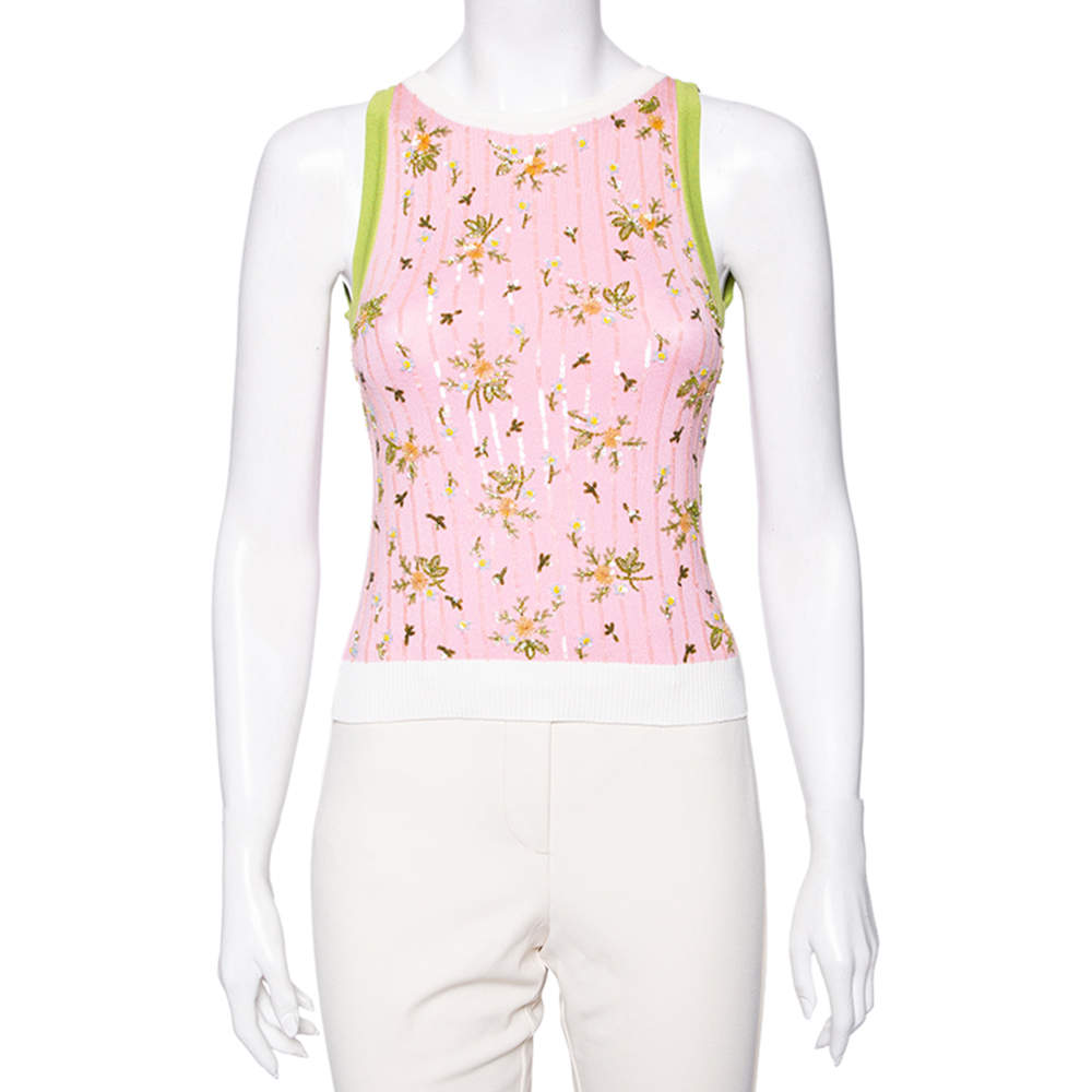 Pre Owned Valentino Pink Floral Embellished Knit Cross Back Top S 