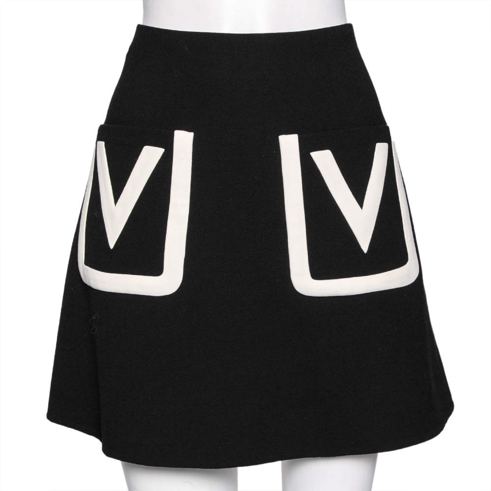 Pre Owned Valentino Black Wool V Pocket Detailed A-Line Skirt M