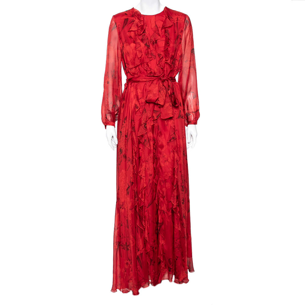 Pre Owned Valentino Red Floral Printed Silk Chiffon Ruffle Trimmed Belted Gown L