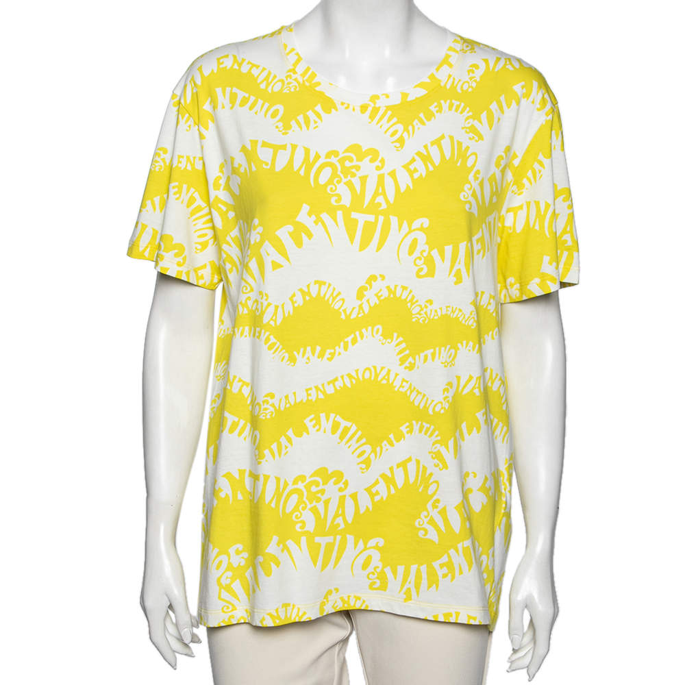 Pre Owned Valentino Yellow Logo Wave Printed Cotton Short Sleeve T-Shirt M