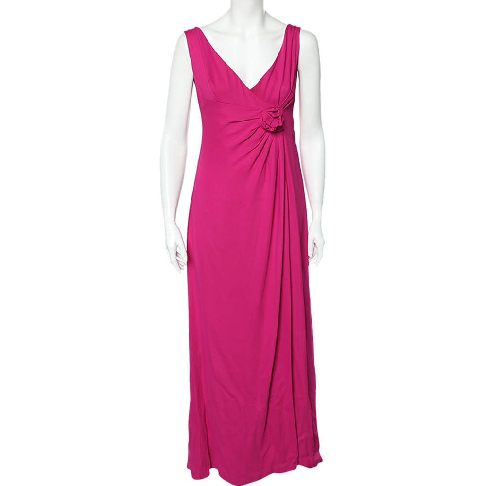 Pre Owned Valentino Pink Crepe Slit Detail Draped Sleeveless Gown L
