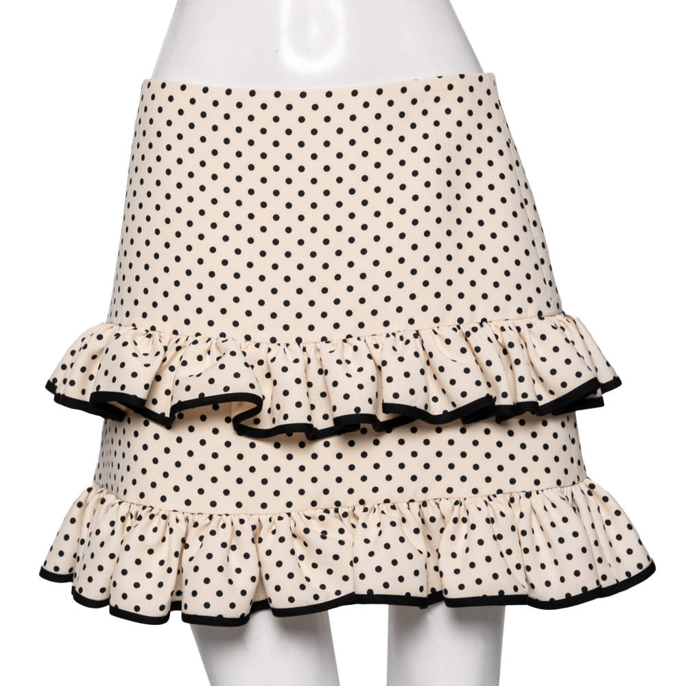 Pre Owned Valentino Cream Polka Dotted Frilled Short Skirt M