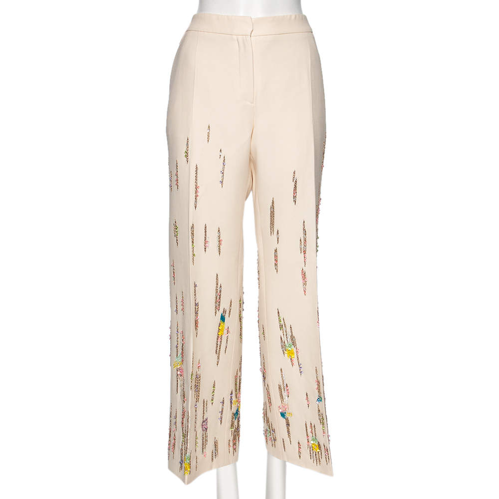 Pre Owned Valentino Cream Wool & Silk Sequin Embroidered Trousers M