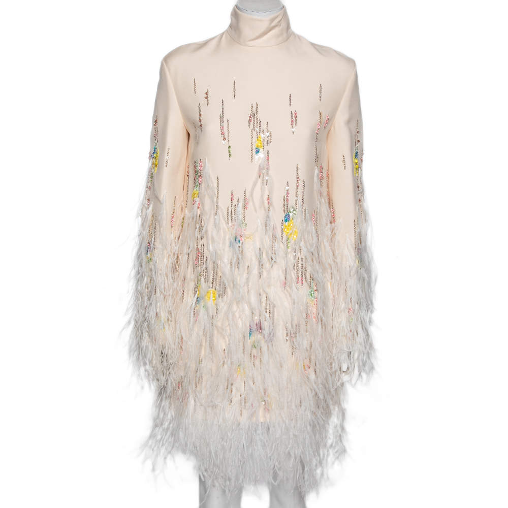 Pre Owned Valentino Cream Wool & Silk Embroidered Feather Embellished Dress M