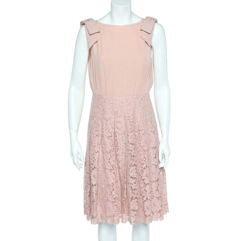 Pre Owned Valentino Pink Lace & Silk Bow Shoulder Detail Sleeveless Midi Dress M