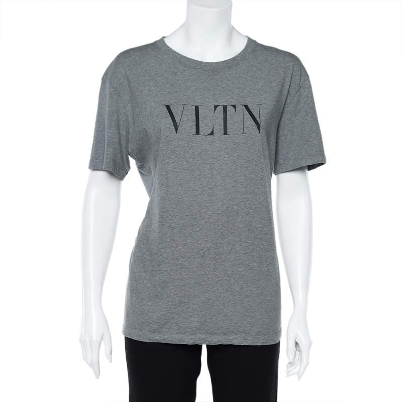 Pre Owned Valentino Grey VLTN Printed Cotton Crewneck Oversized T-Shirt S