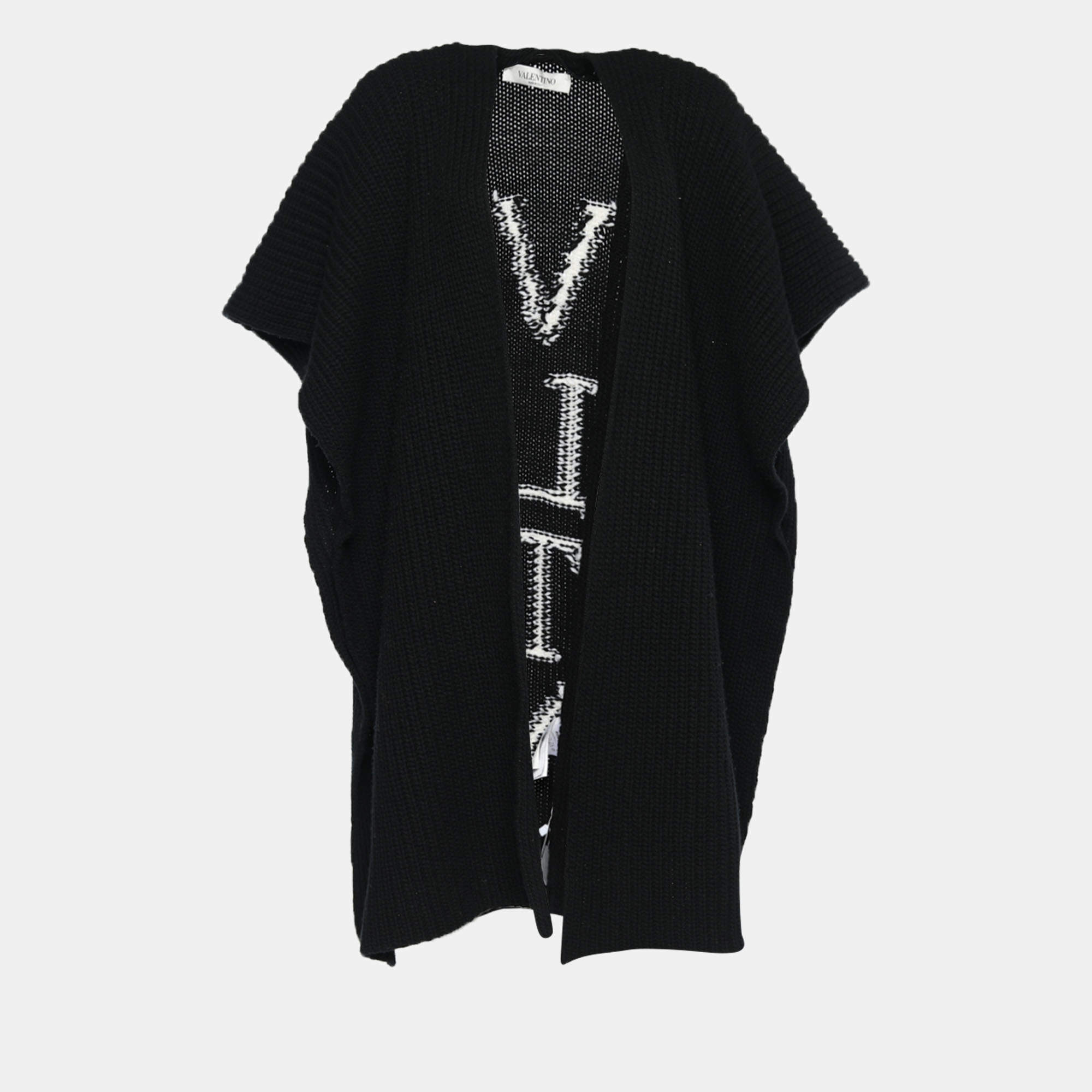 Pre Owned Valentino Black Chunky Knit VLTN Intarsia Cardigan M