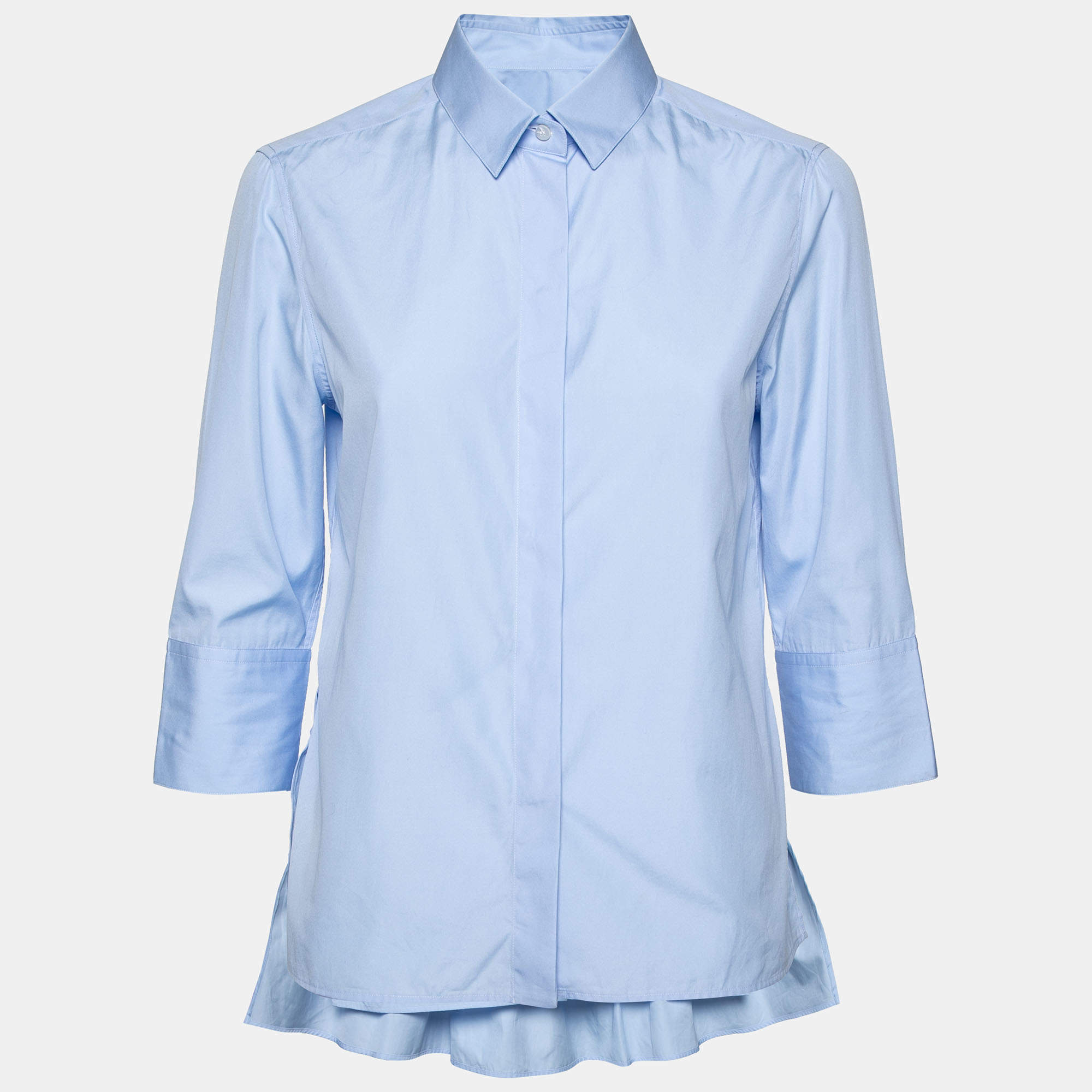 Pre Owned Valentino Blue Cotton Gathered Hem Detail Button Front Shirt M