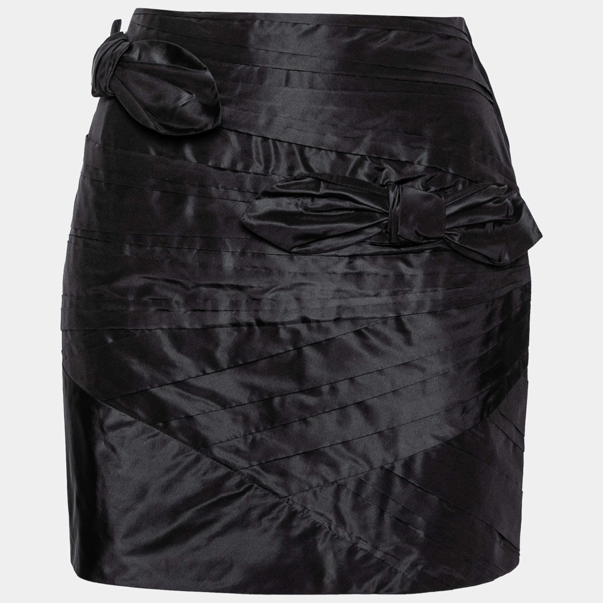 Pre Owned Valentino Black Silk Pleated Bow Embellished Mini Skirt L