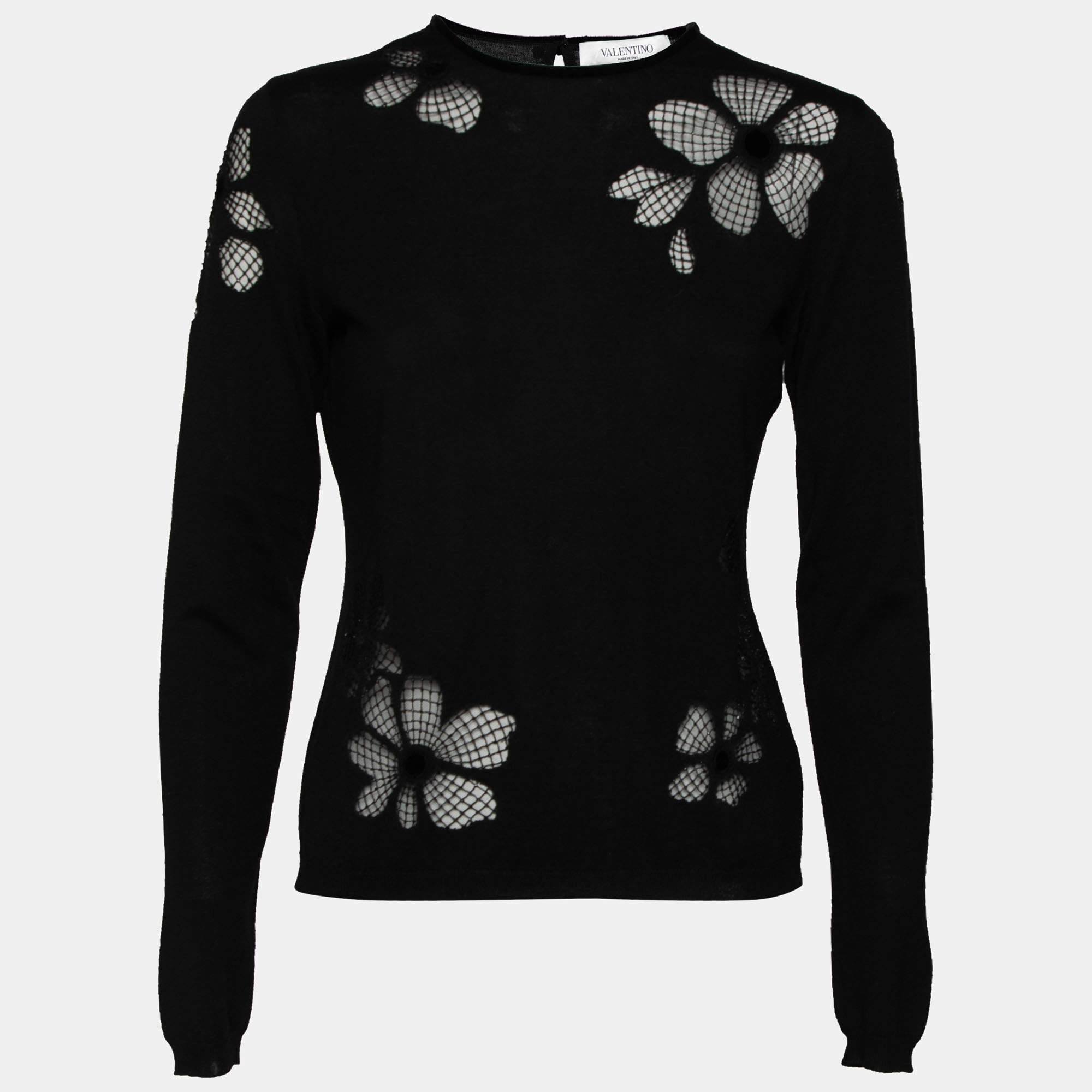 Pre Owned Valentino Black Knit Floral Bead Embellished Long Sleeve Top M