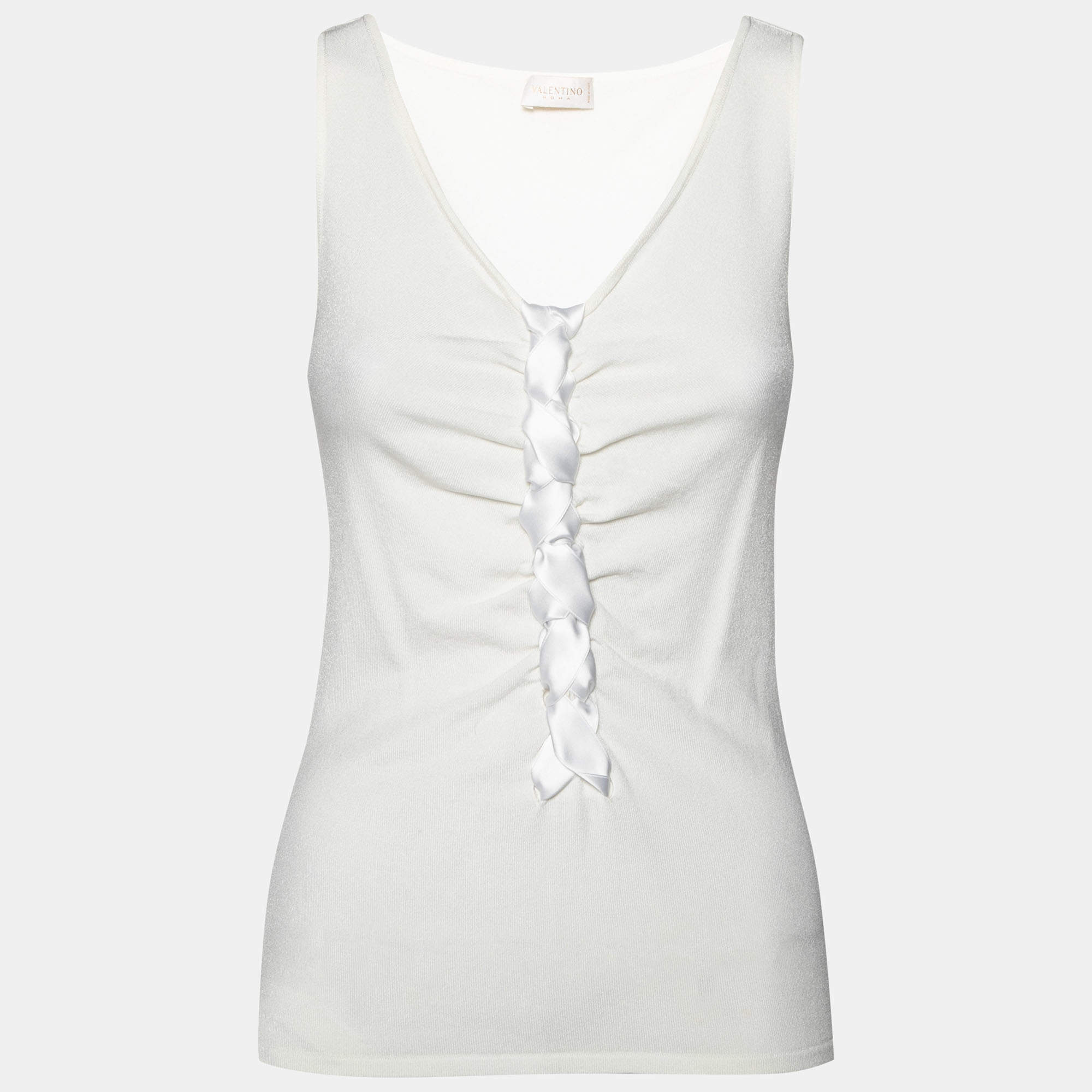 Pre Owned Valentino Off White Knit Braided Front Sleeveless Top M