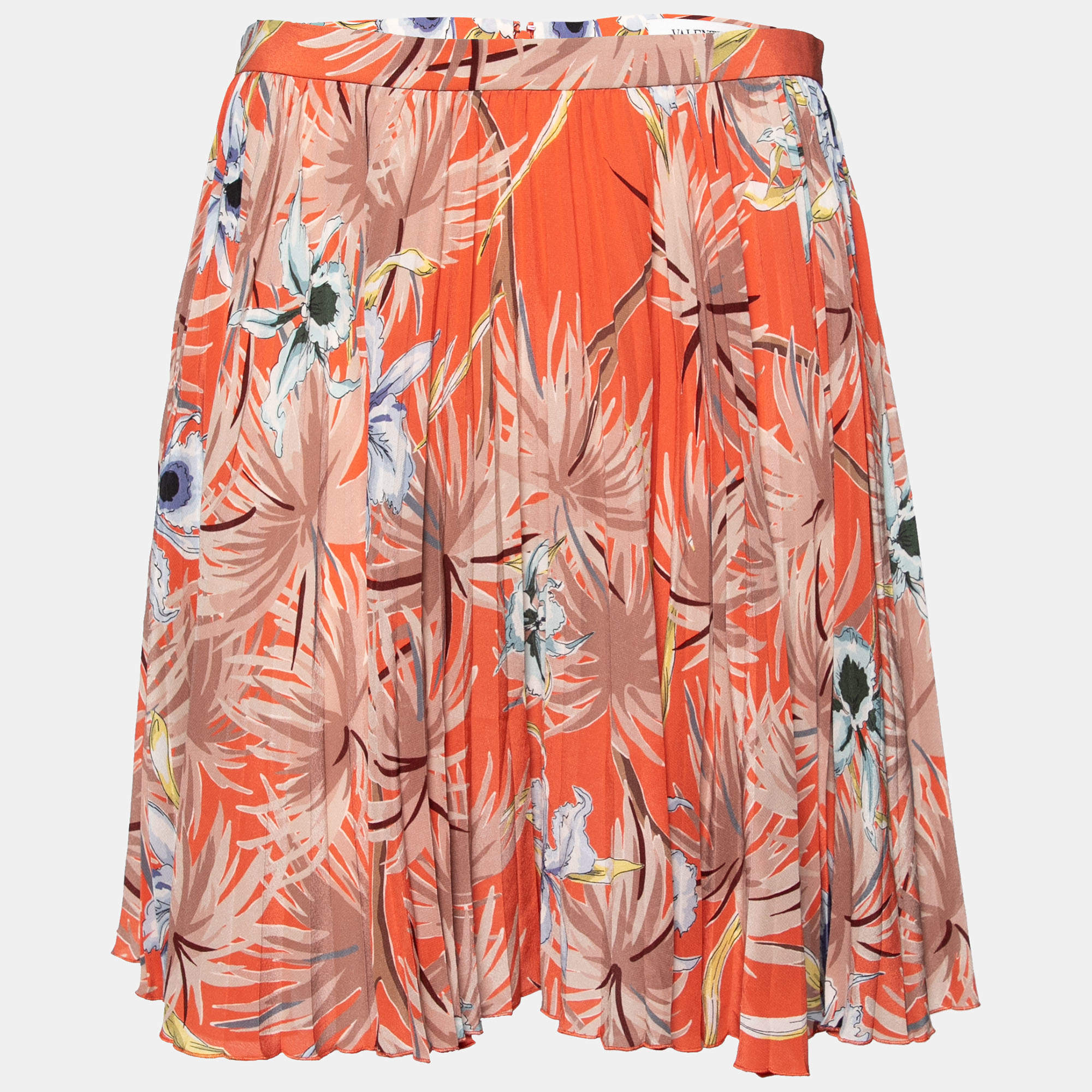 Pre Owned Valentino Orange Floral Printed Pleated Flared Mini Skirt M