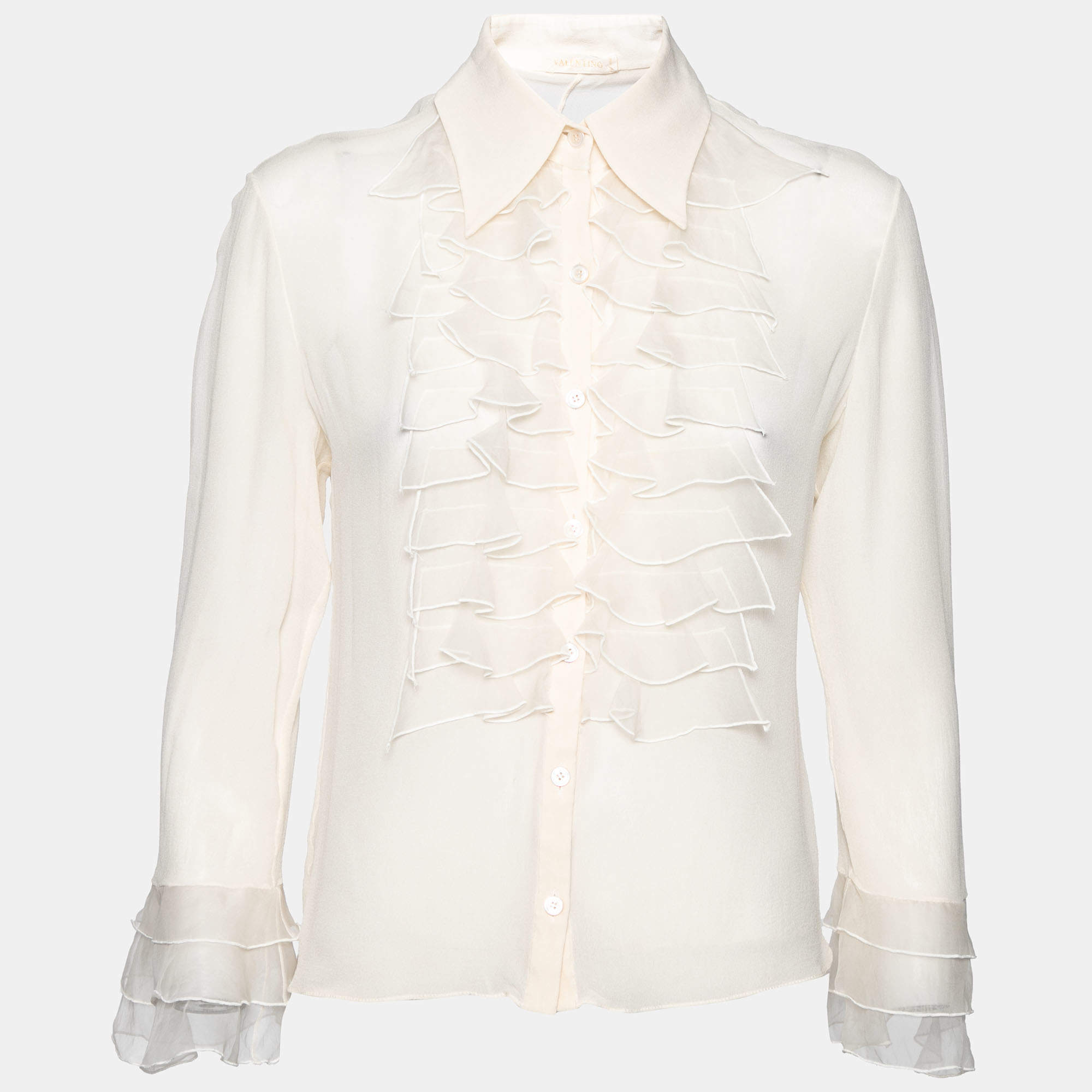 Pre Owned Valentino Cream Crepe Ruffle Detail Button Front Long Sleeve Blouse L