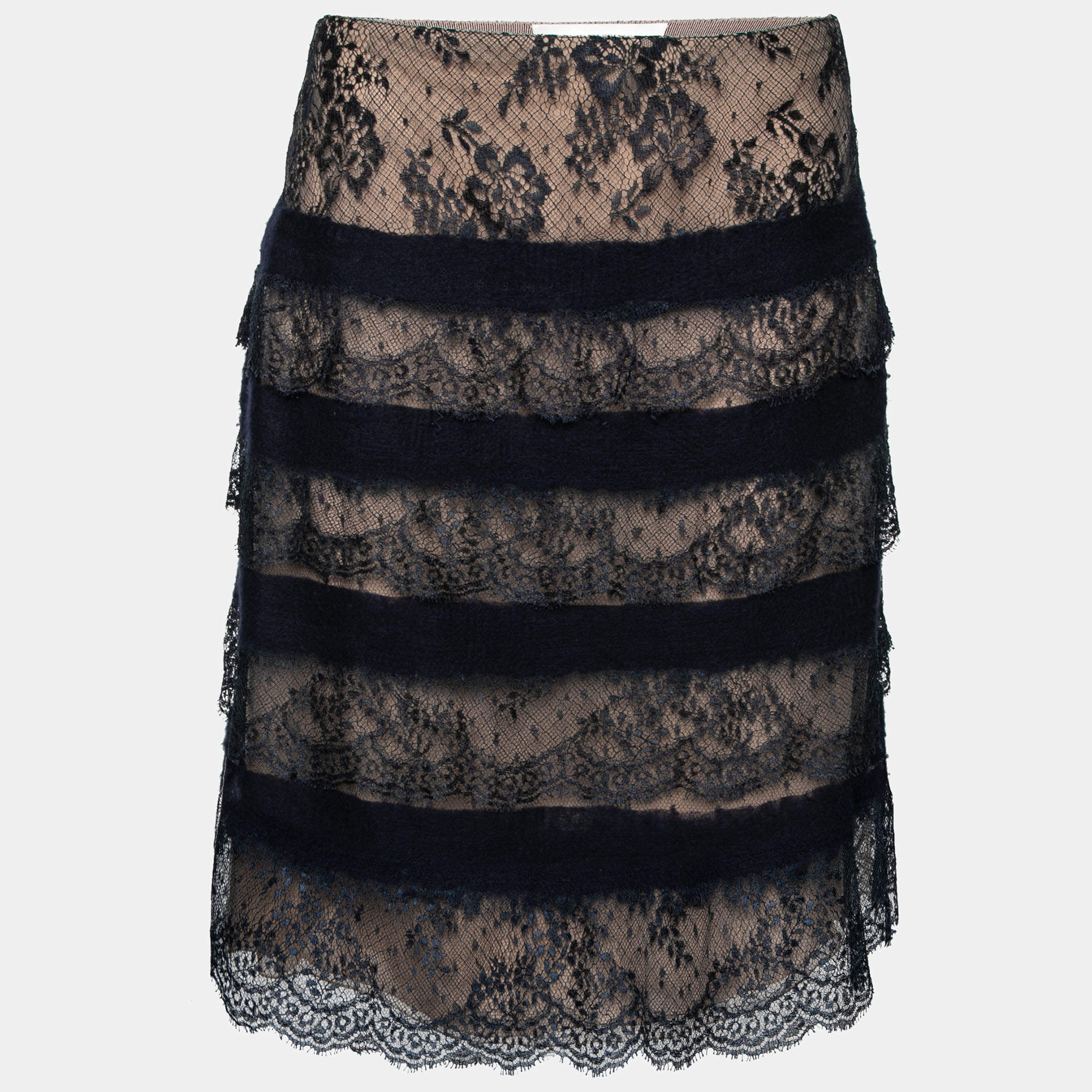 Pre Owned Valentino Blue and Beige Ruffle Trim Lace Skirt S