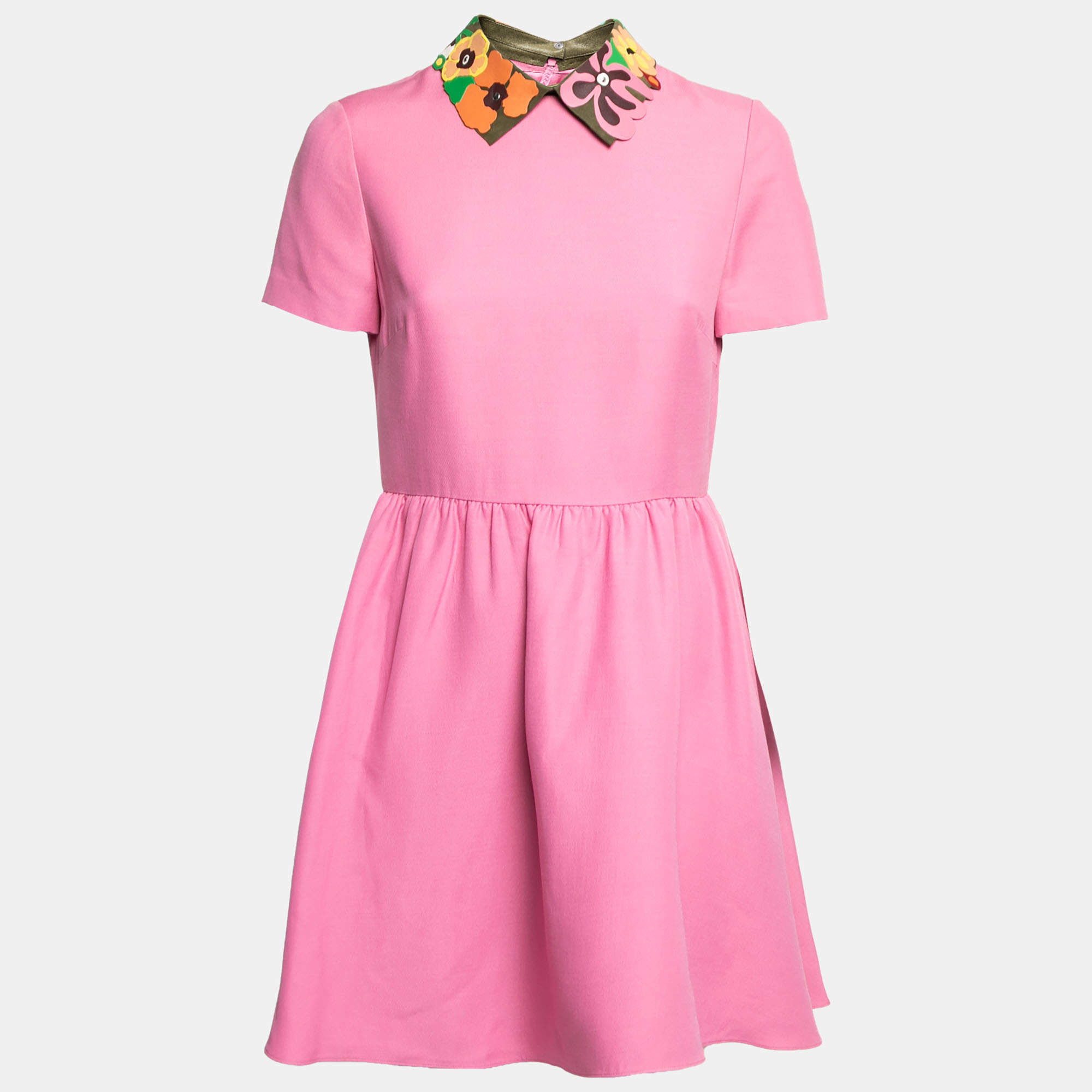 Pre Owned Valentino Pink Wool & Silk Leather Applique Detail Short Sleeve Dress M