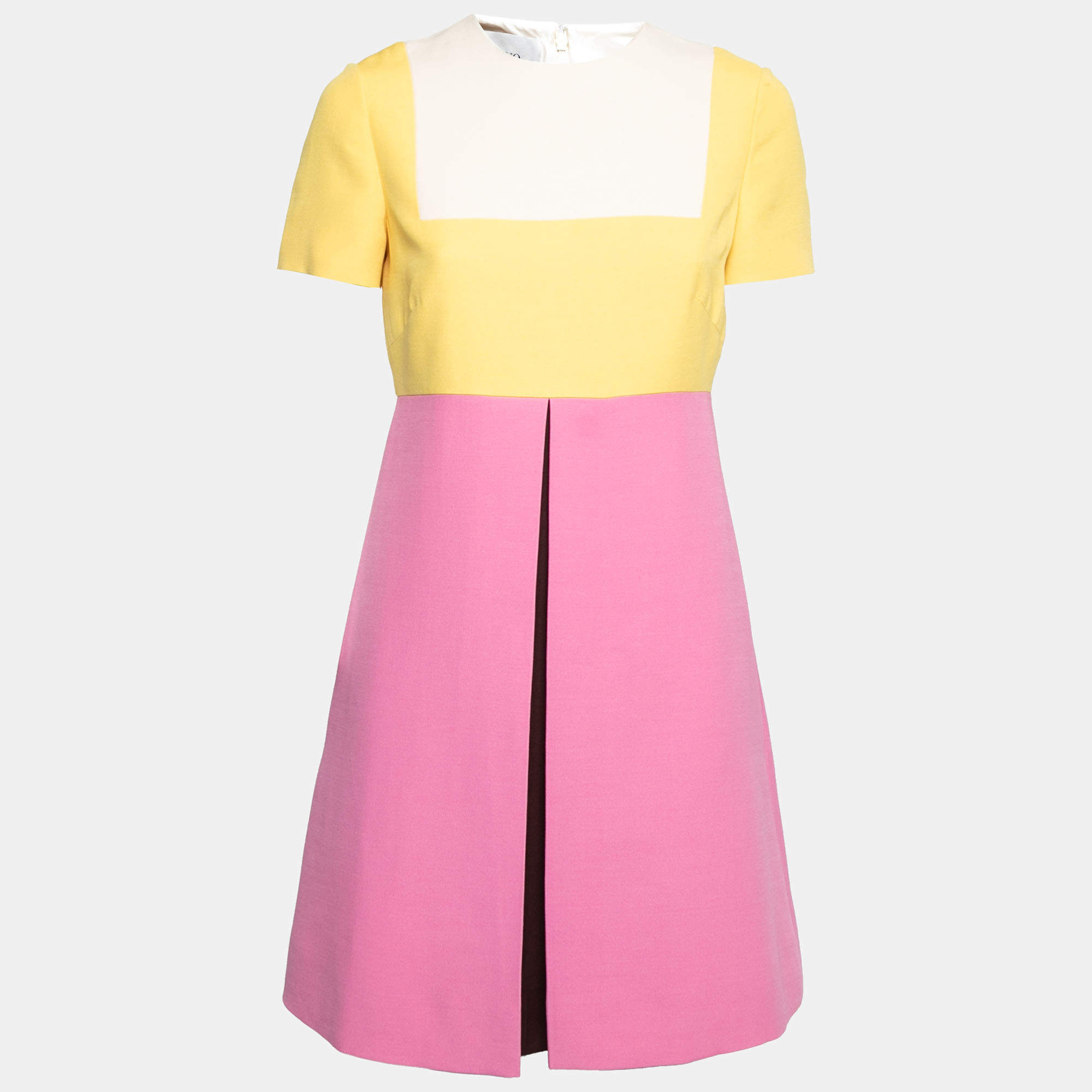 Pre Owned Valentino Pink Color-block Wool & Silk Pleat Detail Short Sleeve Dress M