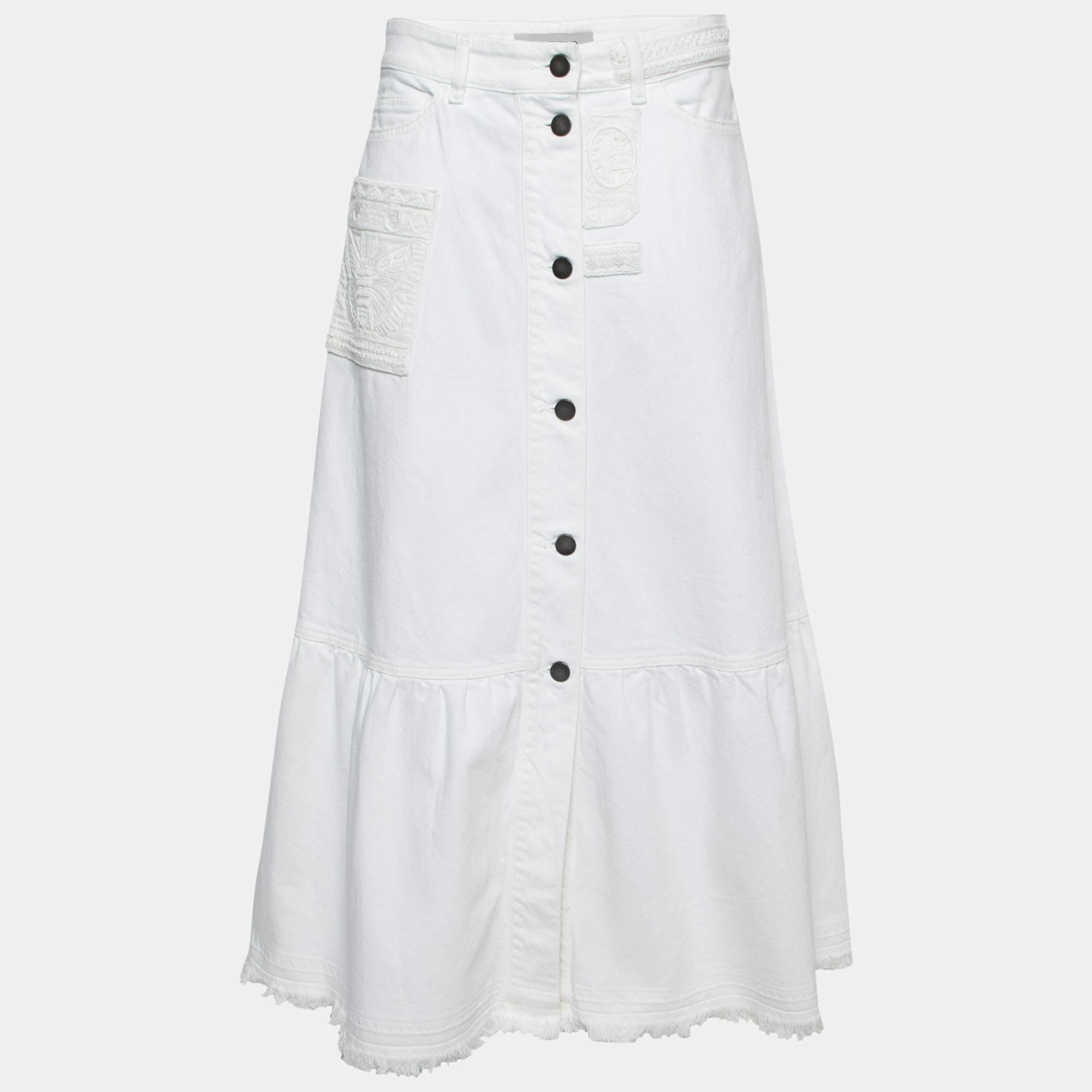 Valentino White Denim Bead Embroidered Embellished High Waist Skirt M
