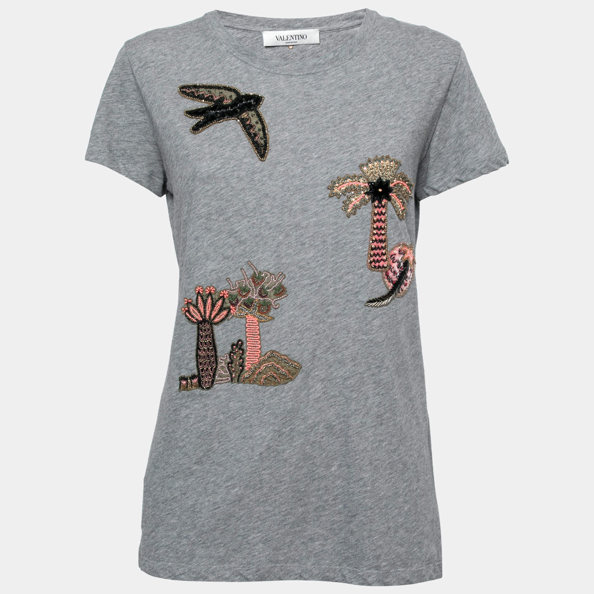 Pre Owned Valentino Grey Cotton Embroidered Embellished Round Neck T-Shirt M