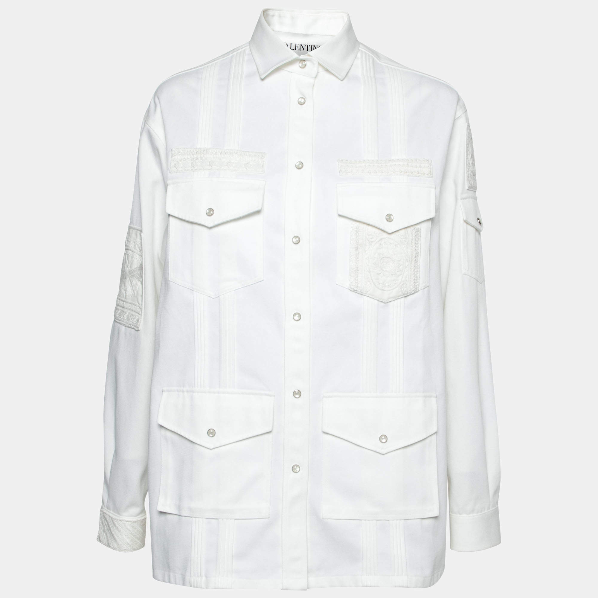 Valentino White Denim Bead Embroidered Button Front Jacket M