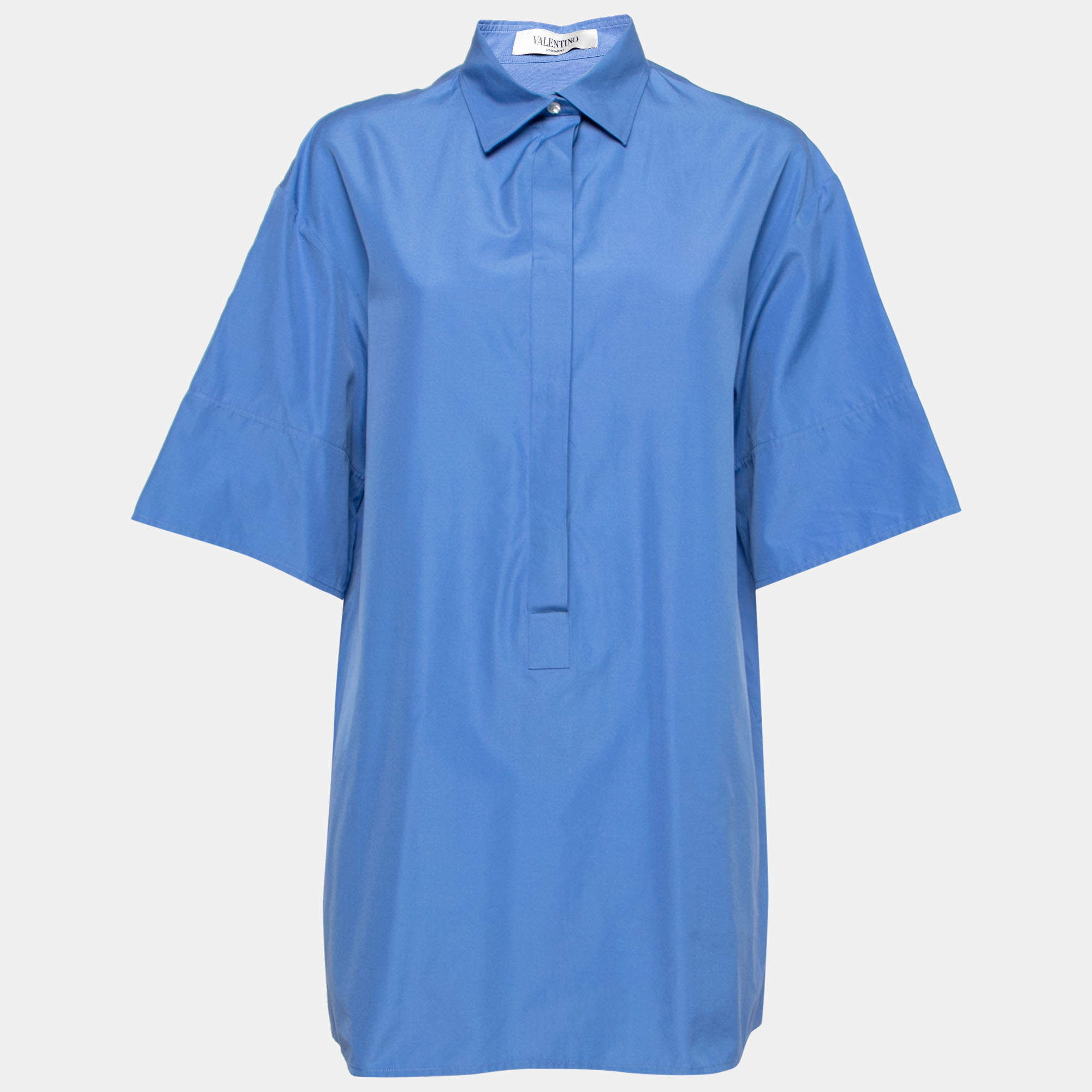 Pre Owned Valentino Blue Cotton Button Front Short Sleeve Blouse L
