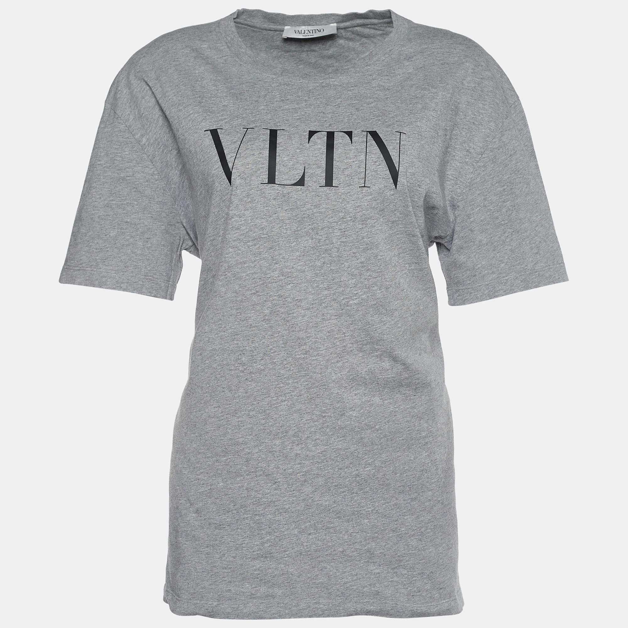 Pre Owned Valentino Grey Jersey VLTN Print Crew Neck T-Shirt L