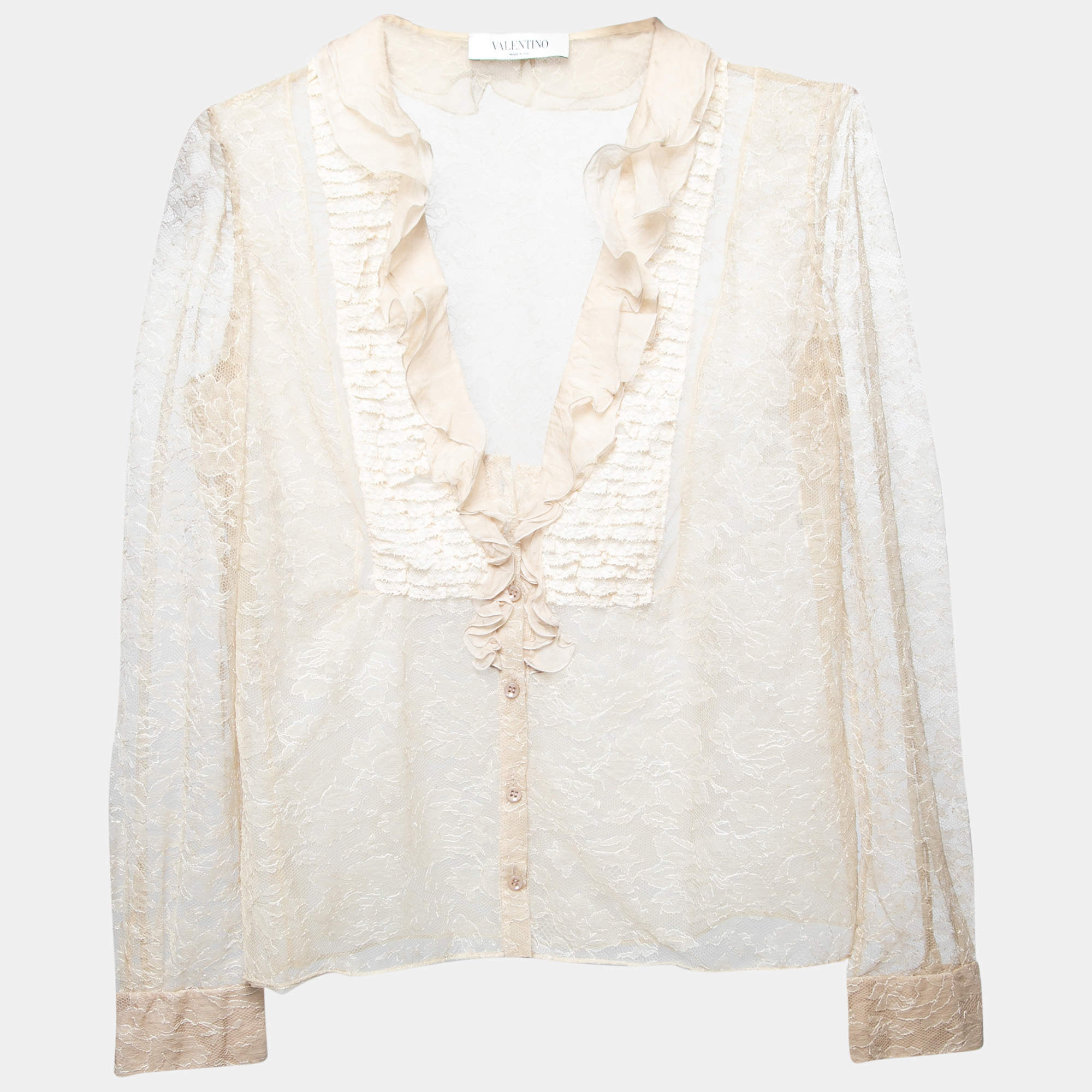 Valentino Beige Lace Ruffle Detail Button Front Long Sleeve Blouse L