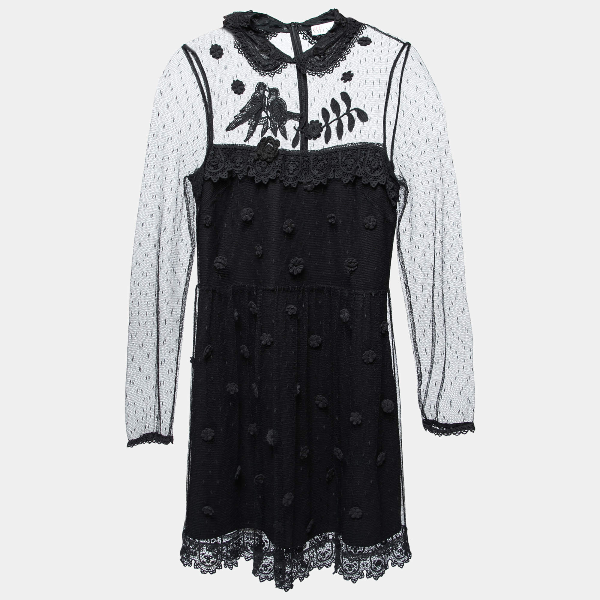 Pre Owned Red Valentino Black Tulle & Lace Floral Appliqued Long Sleeve Short Dress S