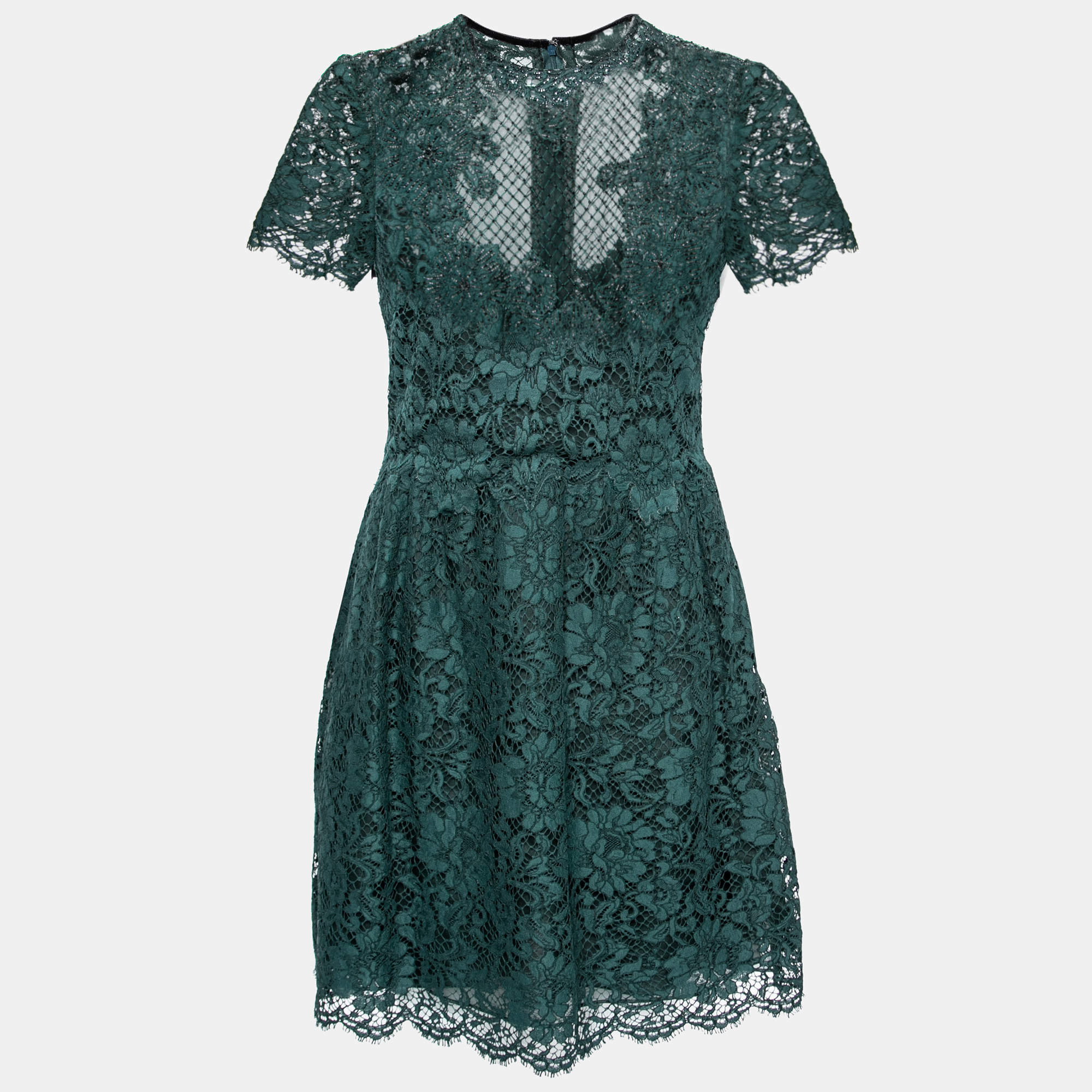 Pre Owned Valentino Green Floral Lace Bead Embellished Short Sleeve Dress 