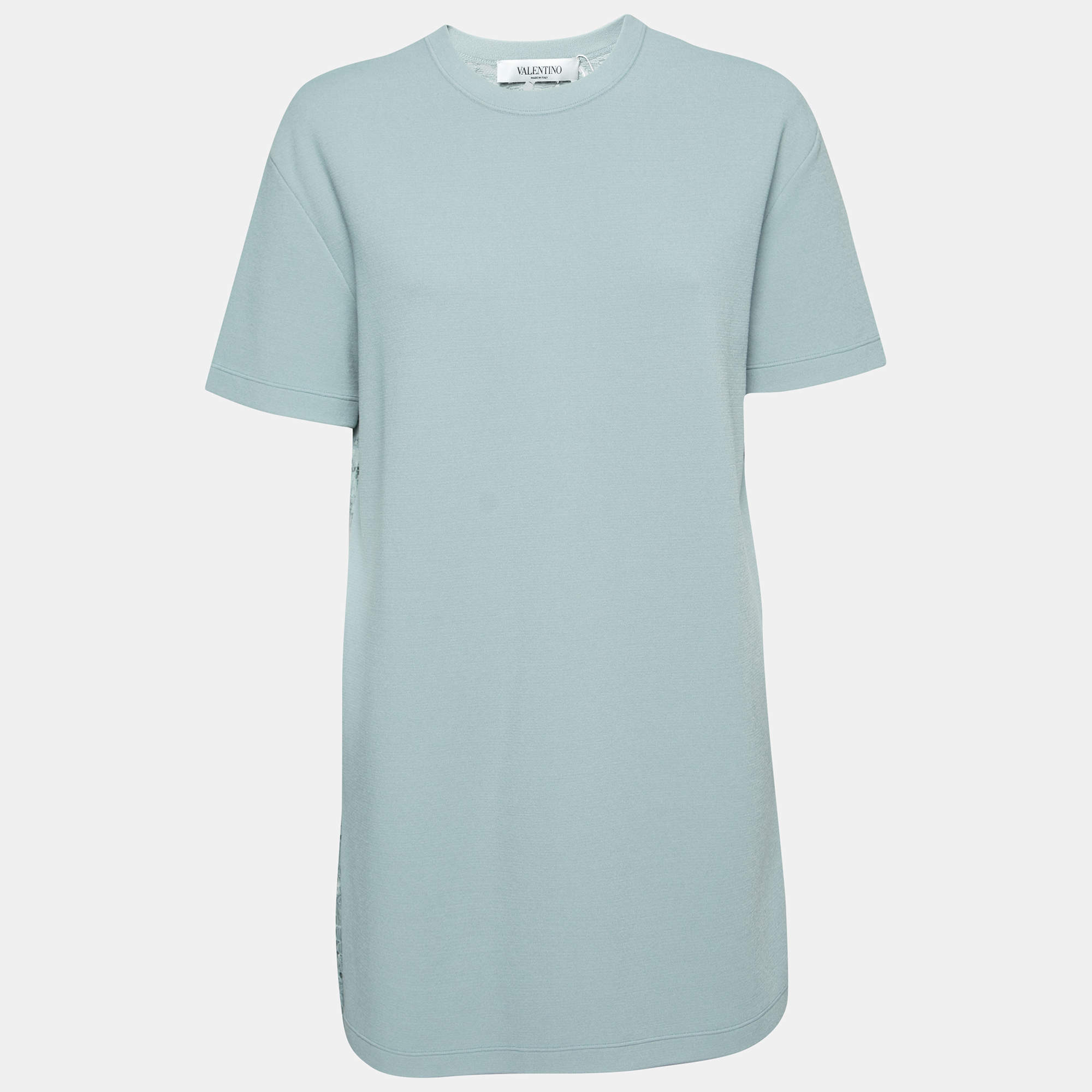 Pre Owned Valentino Powder Blue Knit & Lace Paneled Short Sleeve Dress M