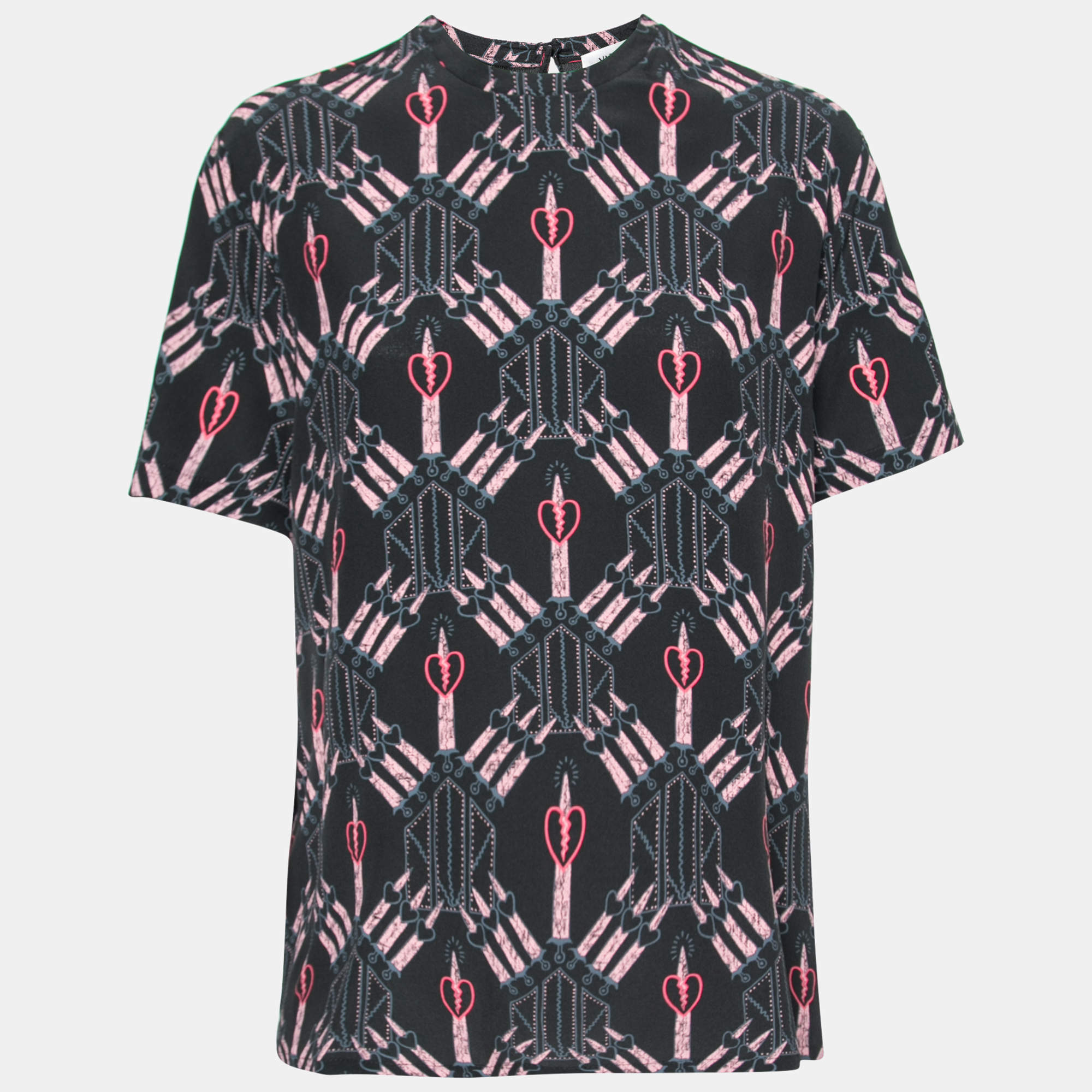 Pre Owned Valentino Black Loveblade Print Silk Round Neck Top L