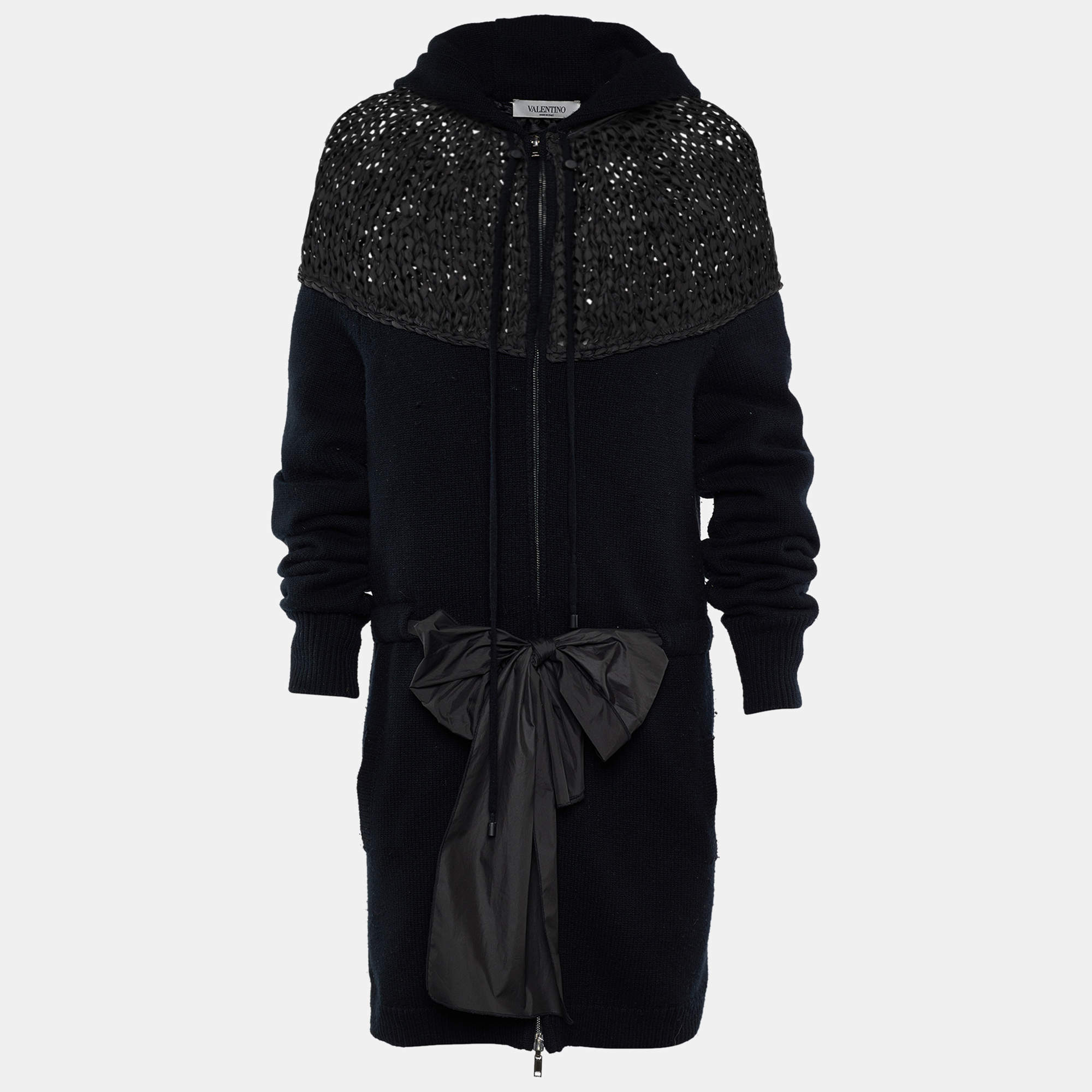 Pre Owned Valentino Grey/Black Wool Crochet Hoodie Zip Front Jacket M