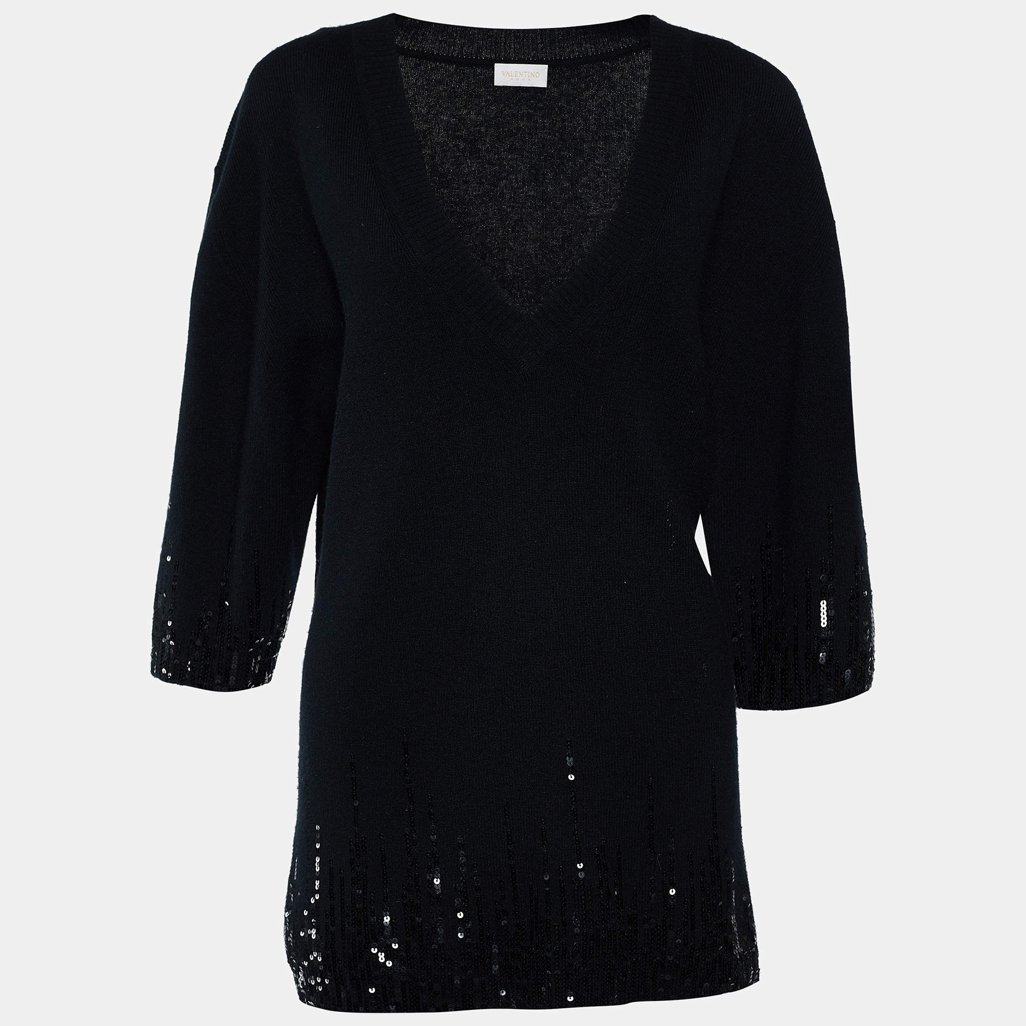 Pre Owned Valentino Black Wool Sequin Embellished V-Neck Sweaters L