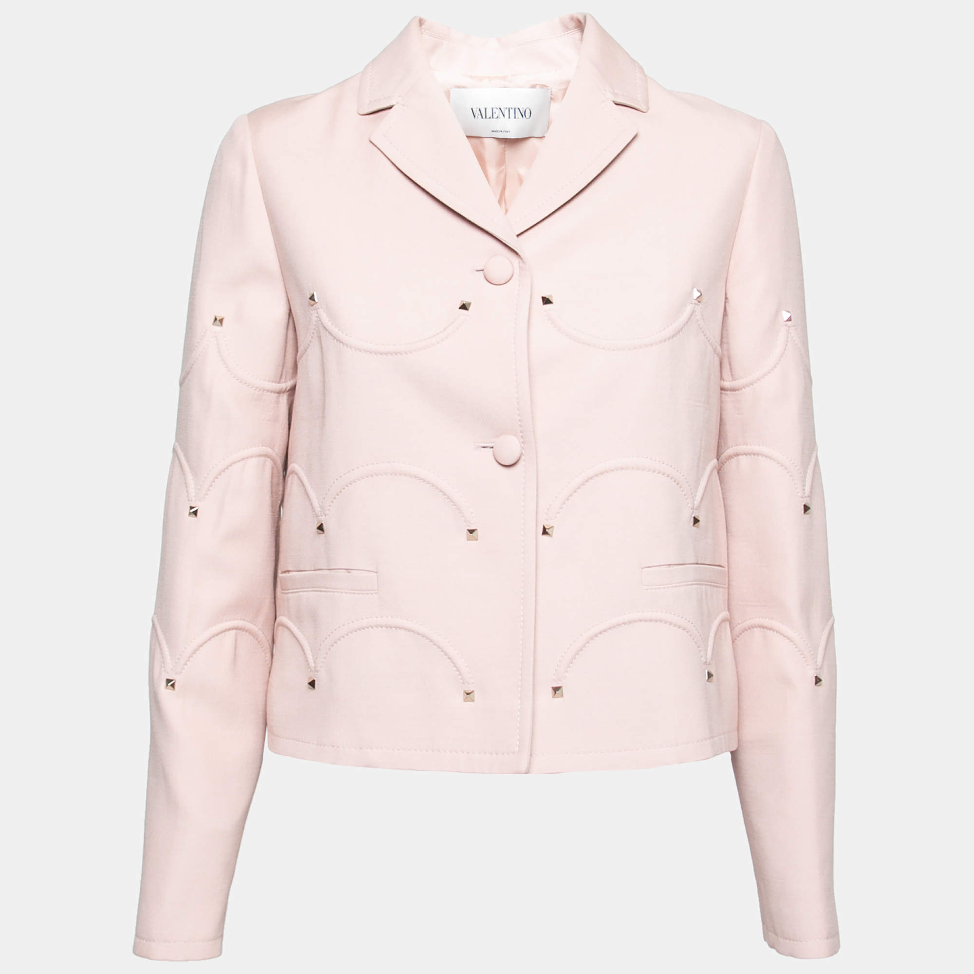 Pre Owned Valentino Pink Wool Scalloped Studded Long Sleeve Jacket M