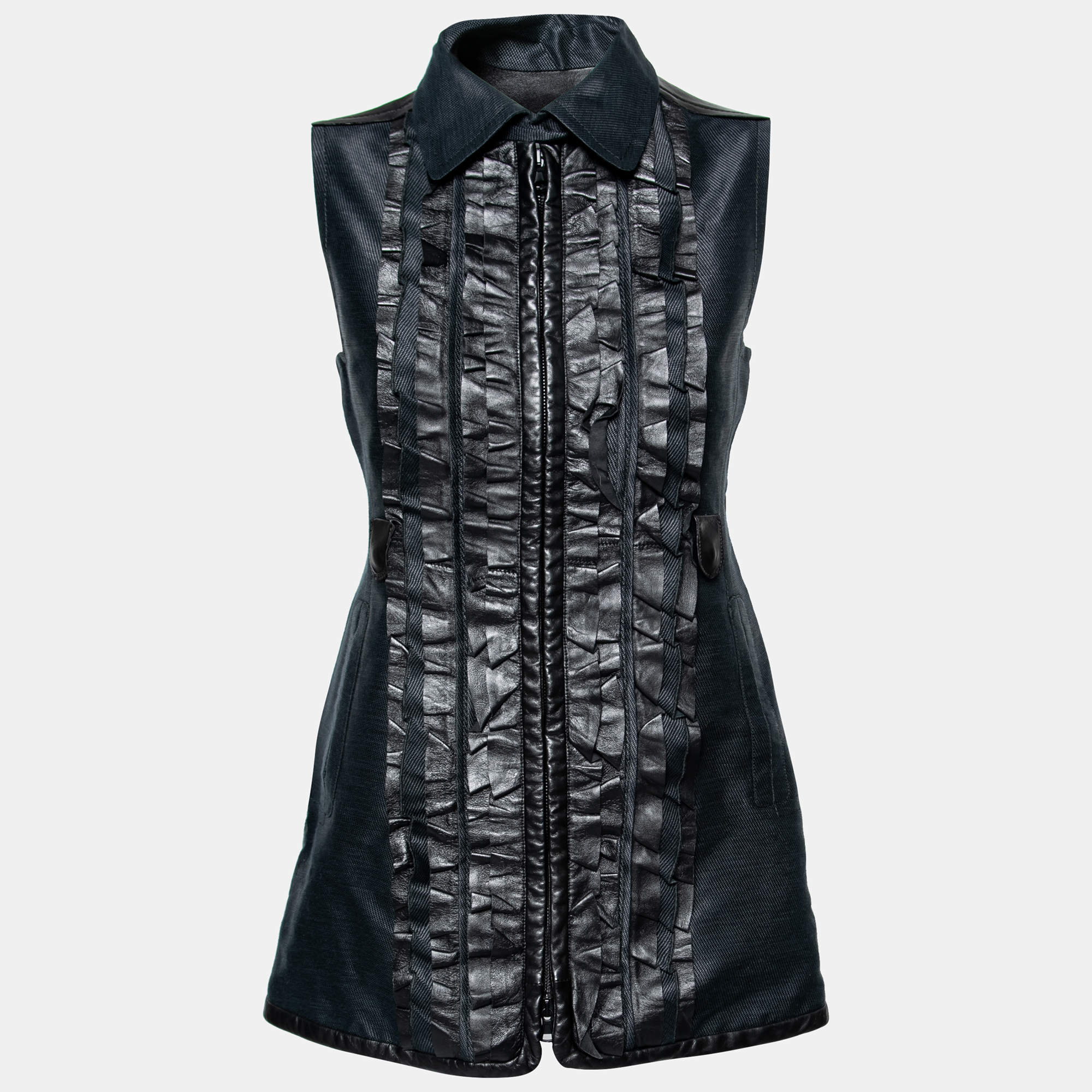 Pre Owned Valentino Navy Blue Cotton Ruffle Accents Zip Front Jacket M