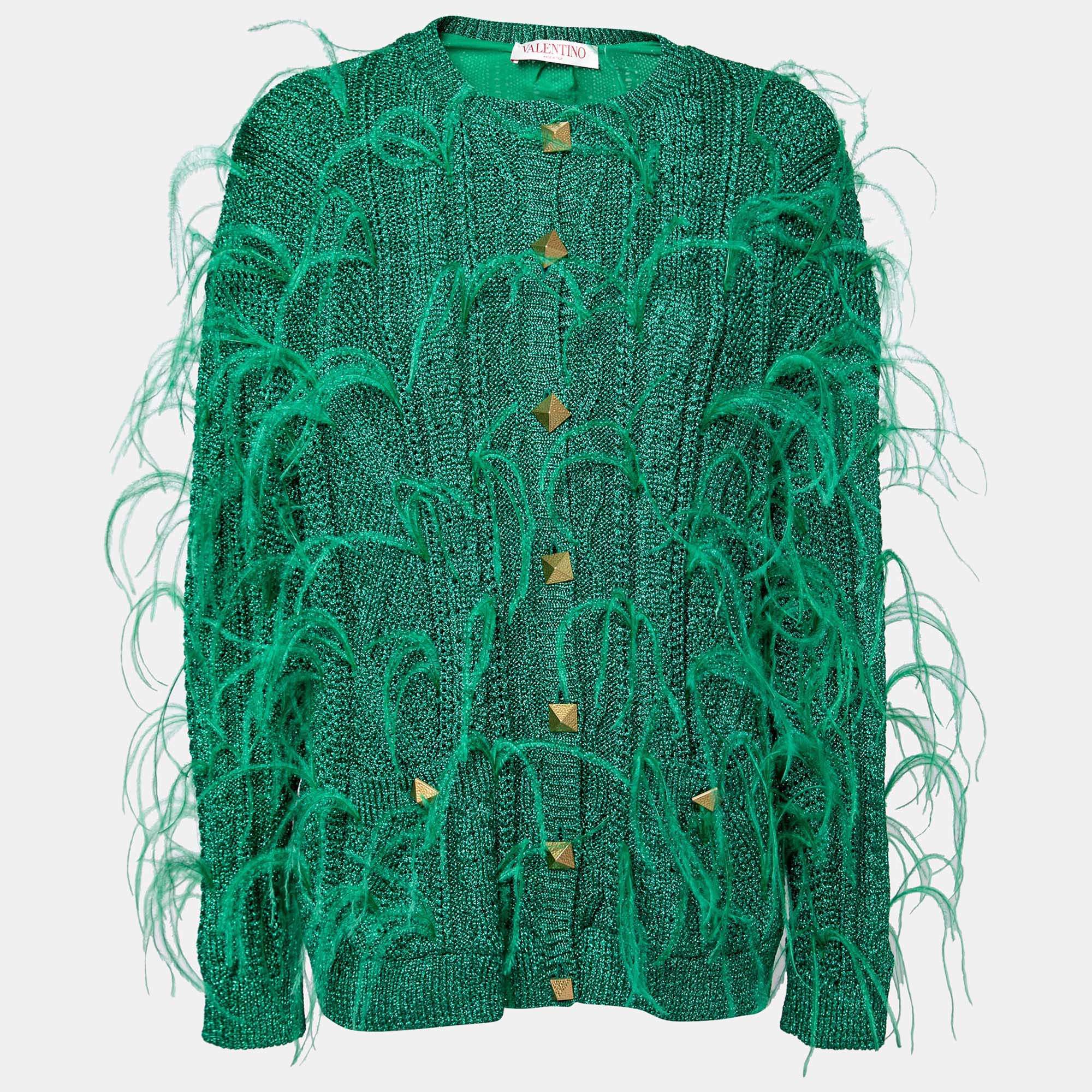 Pre Owned Valentino Metallic Green Feather Embellished Cardigan L