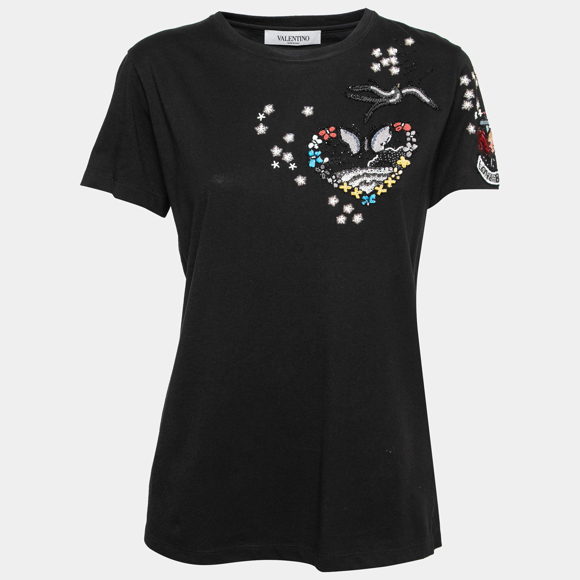 Pre Owned Valentino Black Cotton Sequin and Beaded Embellished Crew Neck T-Shirt L