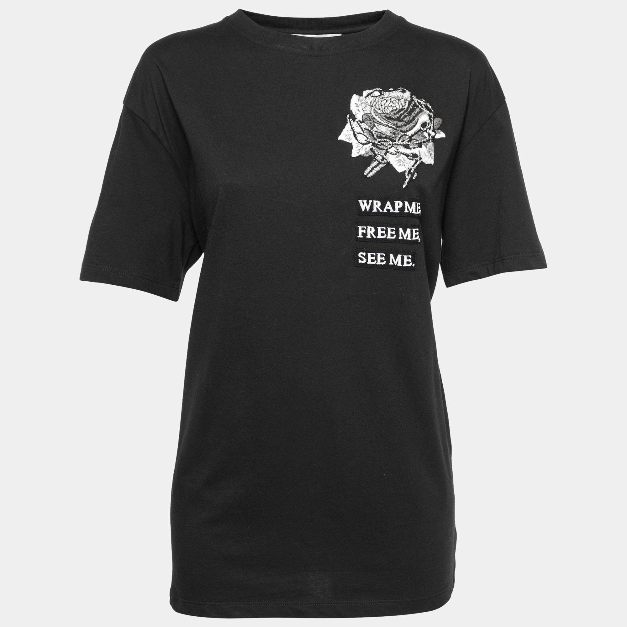 Pre Owned Valentino Black Cotton Embroidered Crew Neck T-Shirt L