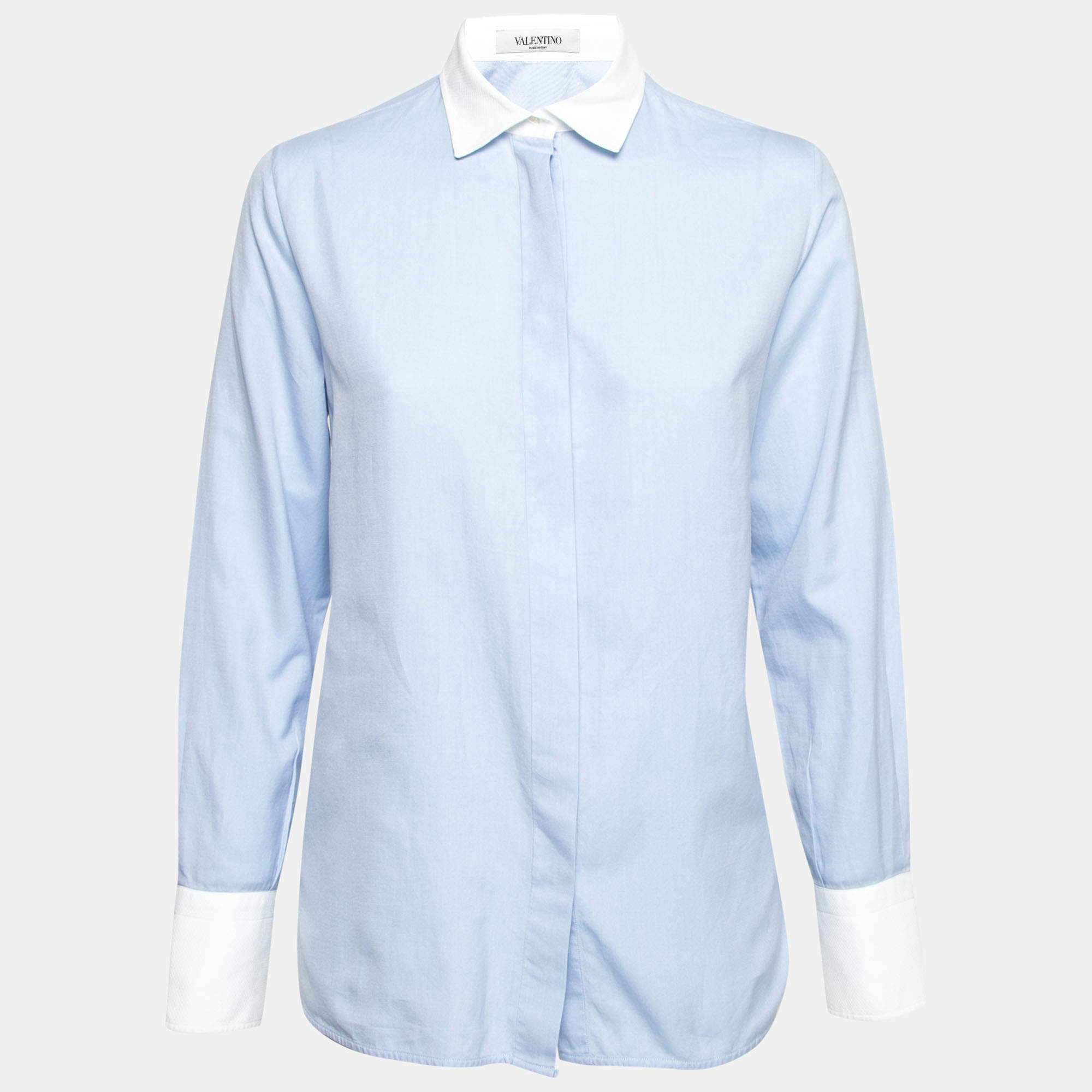 Pre Owned Valentino Blue & White Cotton Oxford Flared Shirt M