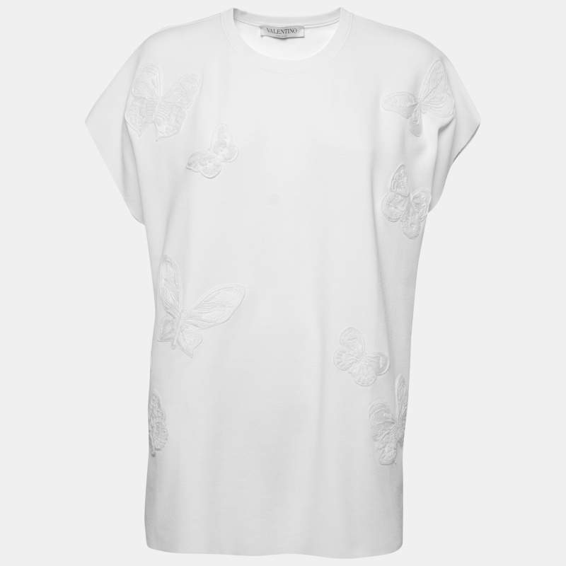 Pre Owned Valentino White Stretch Knit Butterfly Bead Embroidered Top L
