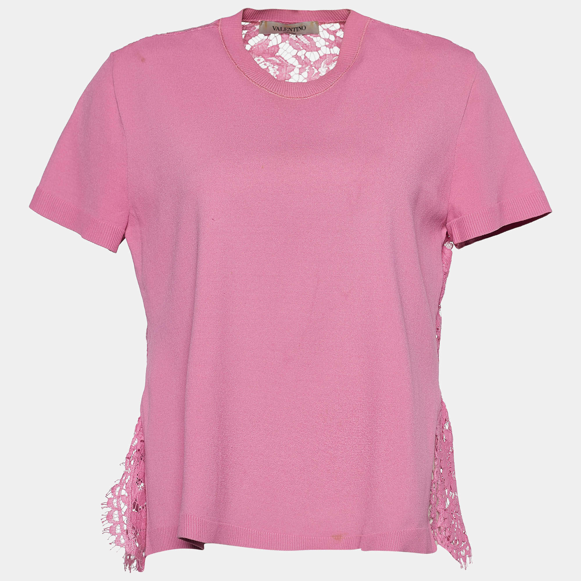 Pre Owned Valentino Pink Knit & Floral Lace Peplum Top M