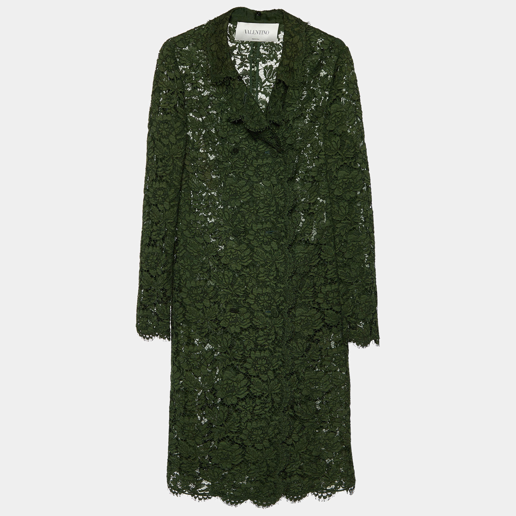 Pre Owned Valentino Dark Green Floral Lace Coat & Skirt Set M