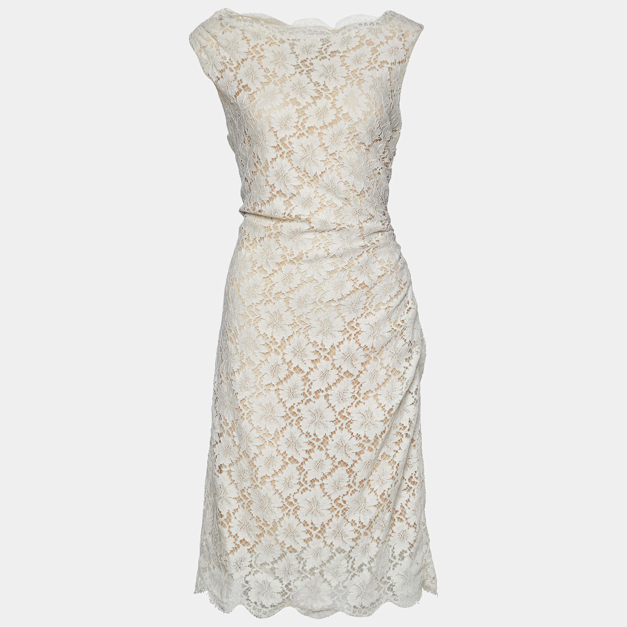 Pre Owned Valentino White Floral Lace Ruched Sleeveless Dress L