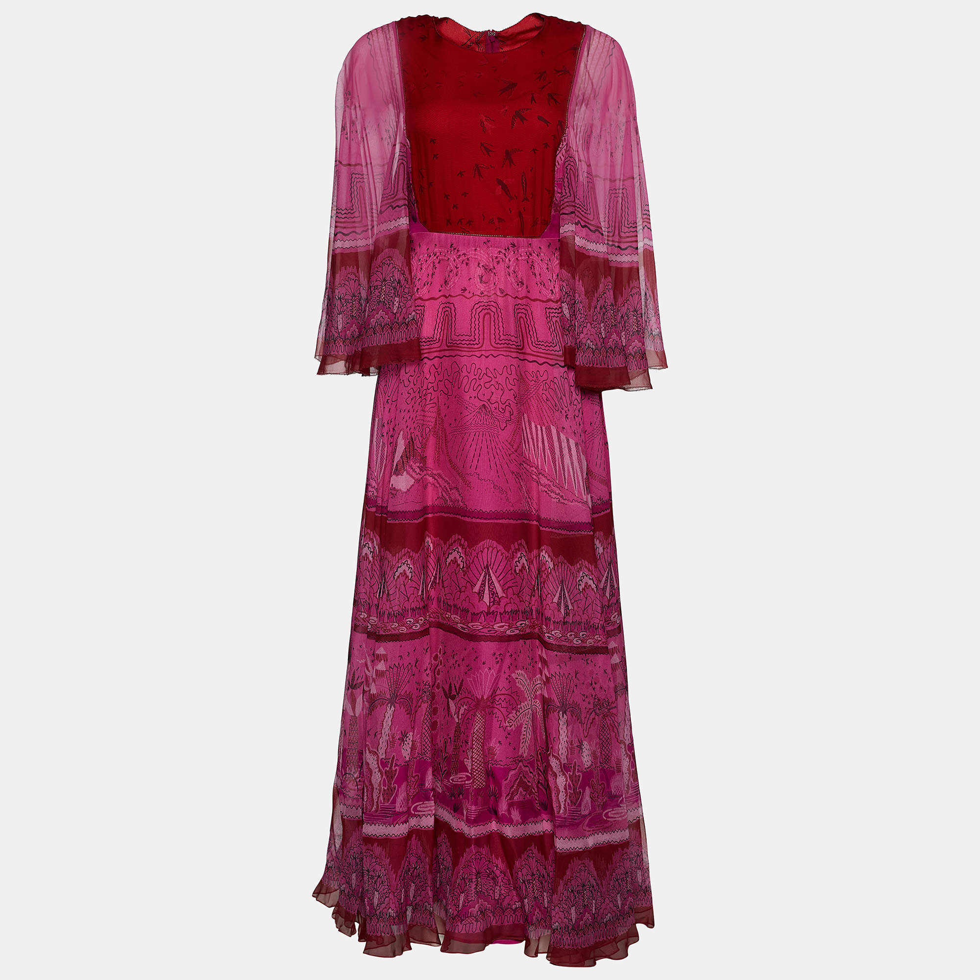 Pre Owned Valentino Pink Printed Silk Chiffon Maxi Dress M