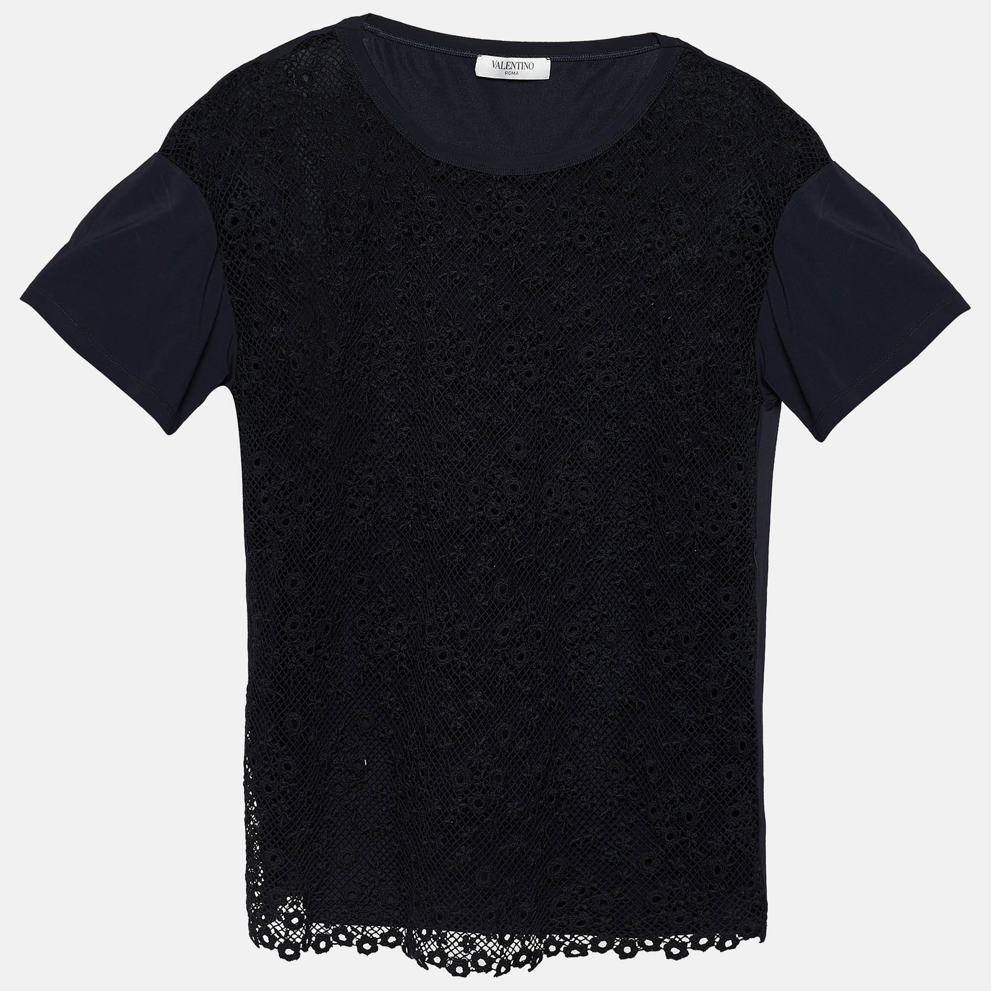 Pre Owned Valentino Black Crochet Lace & Knit Short Sleeve Top XL