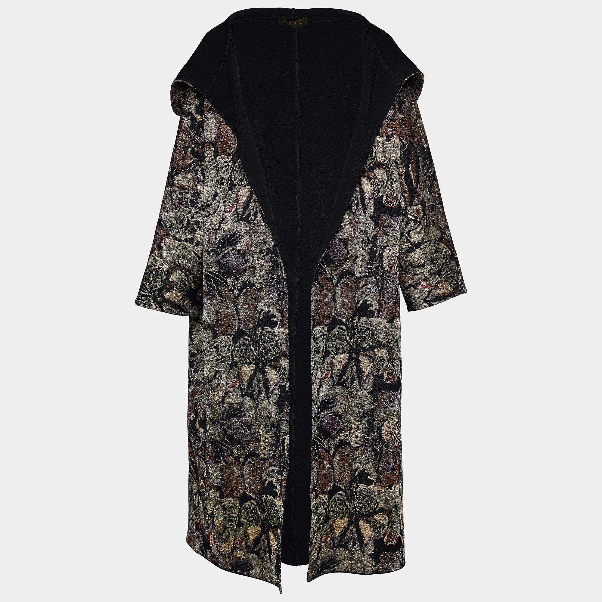 Valentino Black Lurex Knit Hooded Open Overcoat M