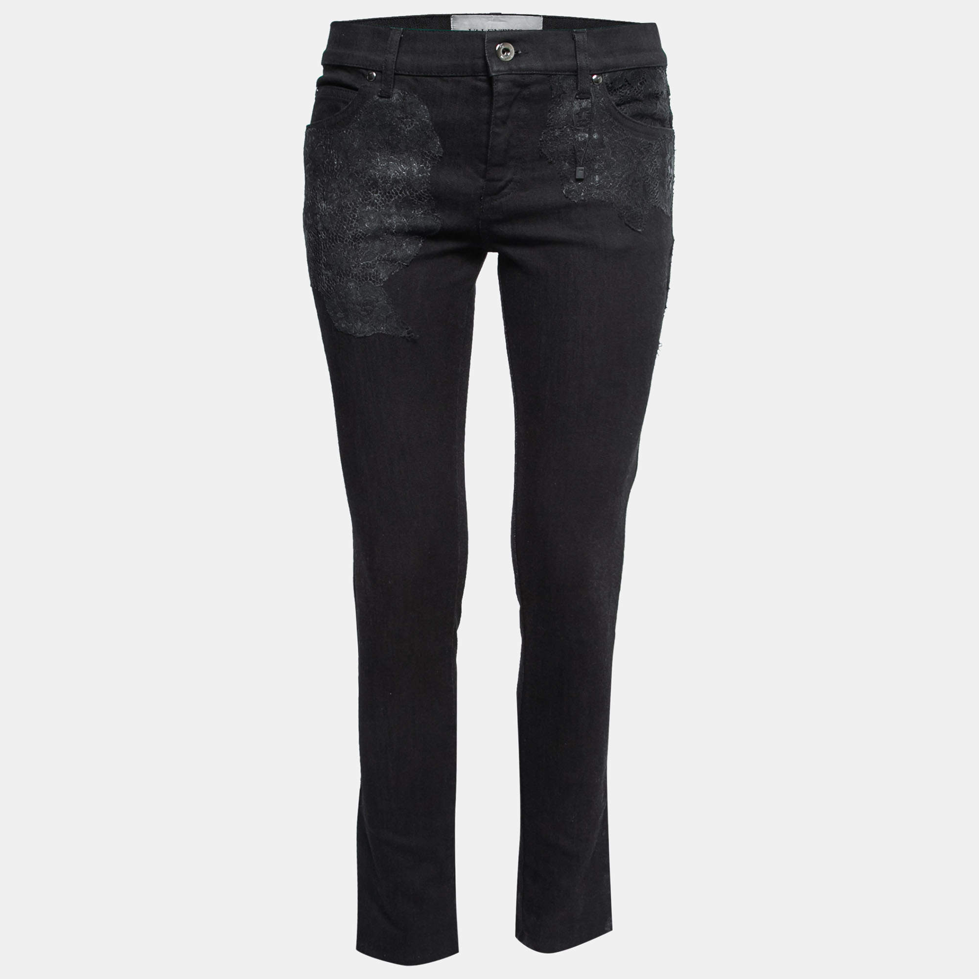 Pre Owned Valentino Black Denim Lace Trimmed Jeans M Waist 31"