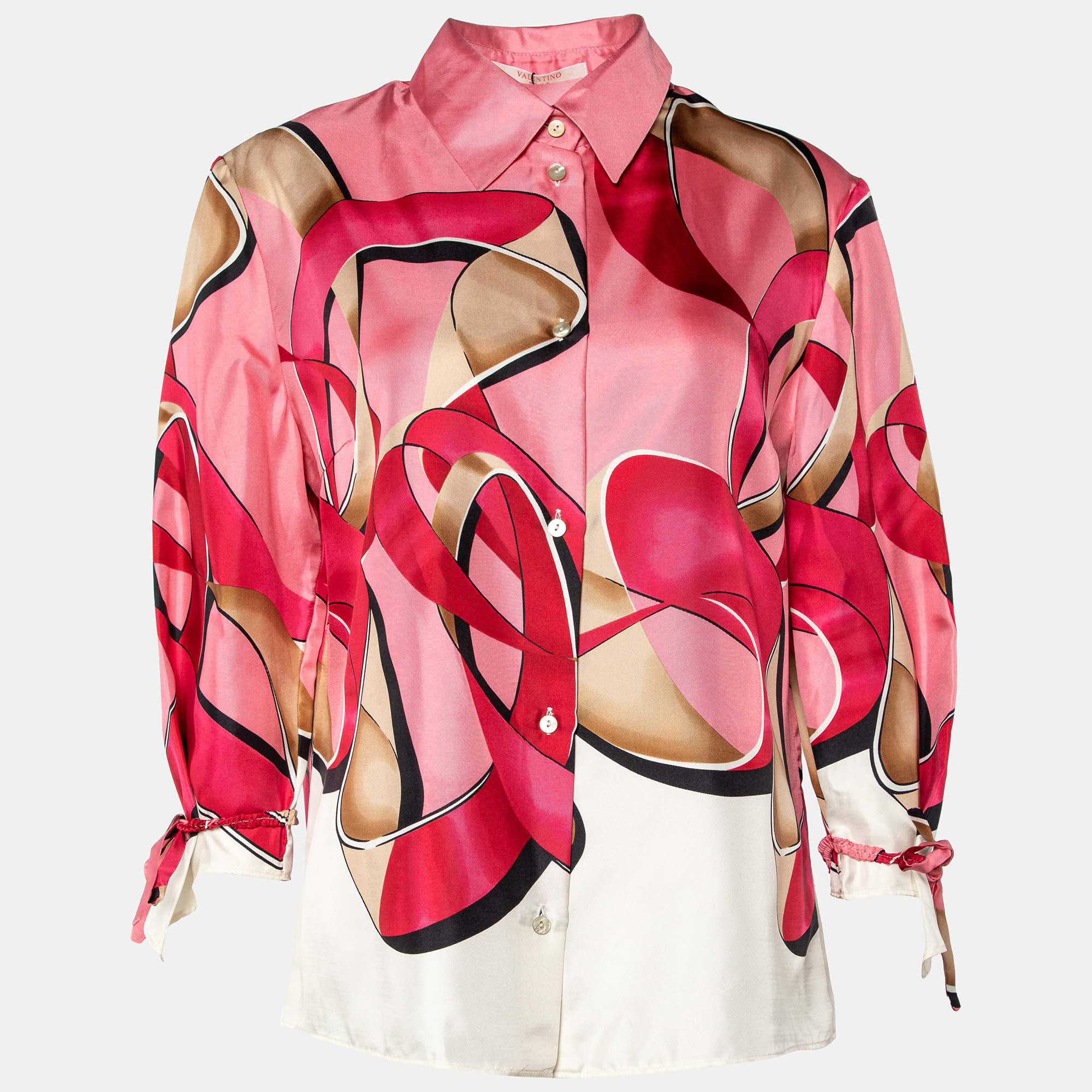 Pre Owned Valentino Vintage Pink Abstract Print Silk Shirt L