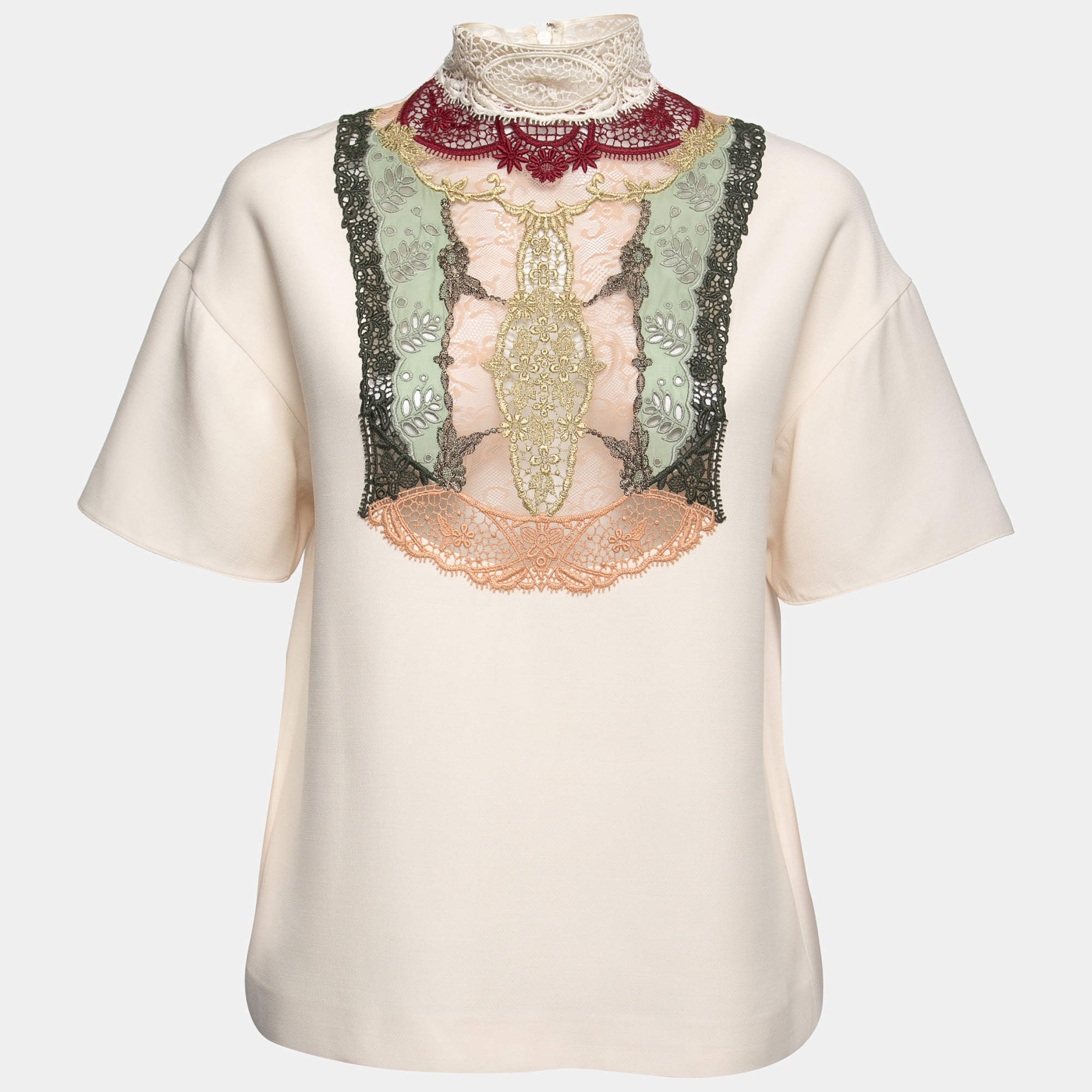 Pre Owned Valentino Beige Crepe Embroidered Lace Inset High Neck Top S