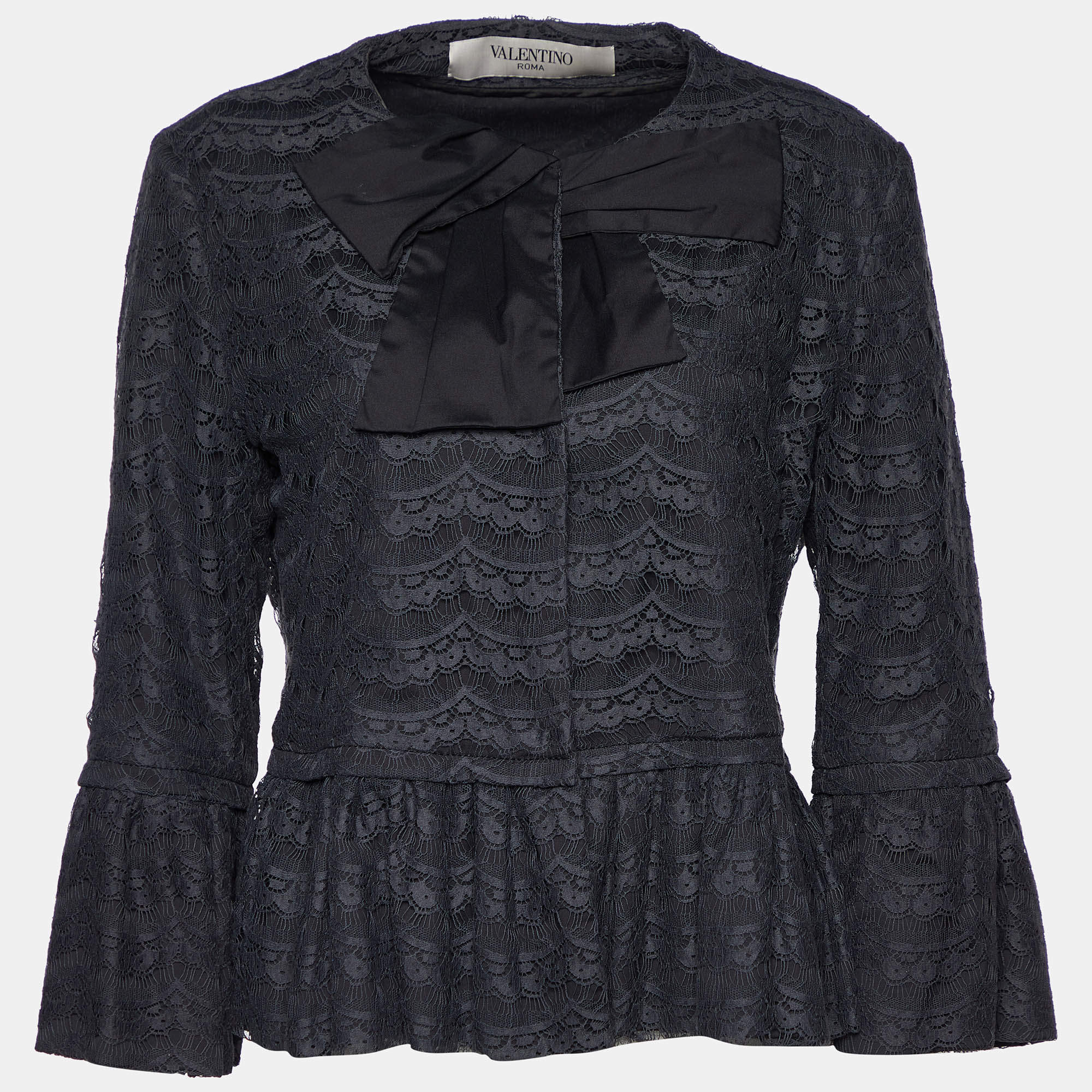 Valentino Black Lace Pleated Detail Button Front Jacket L