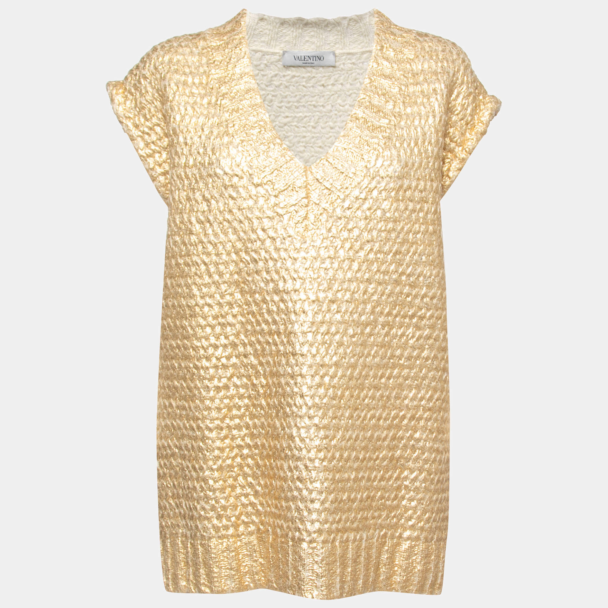 Pre Owned Valentino Gold Coated Wool Knit V-Neck Vest S
